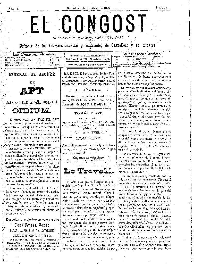 El Congost, 25/4/1886 [Ejemplar]
