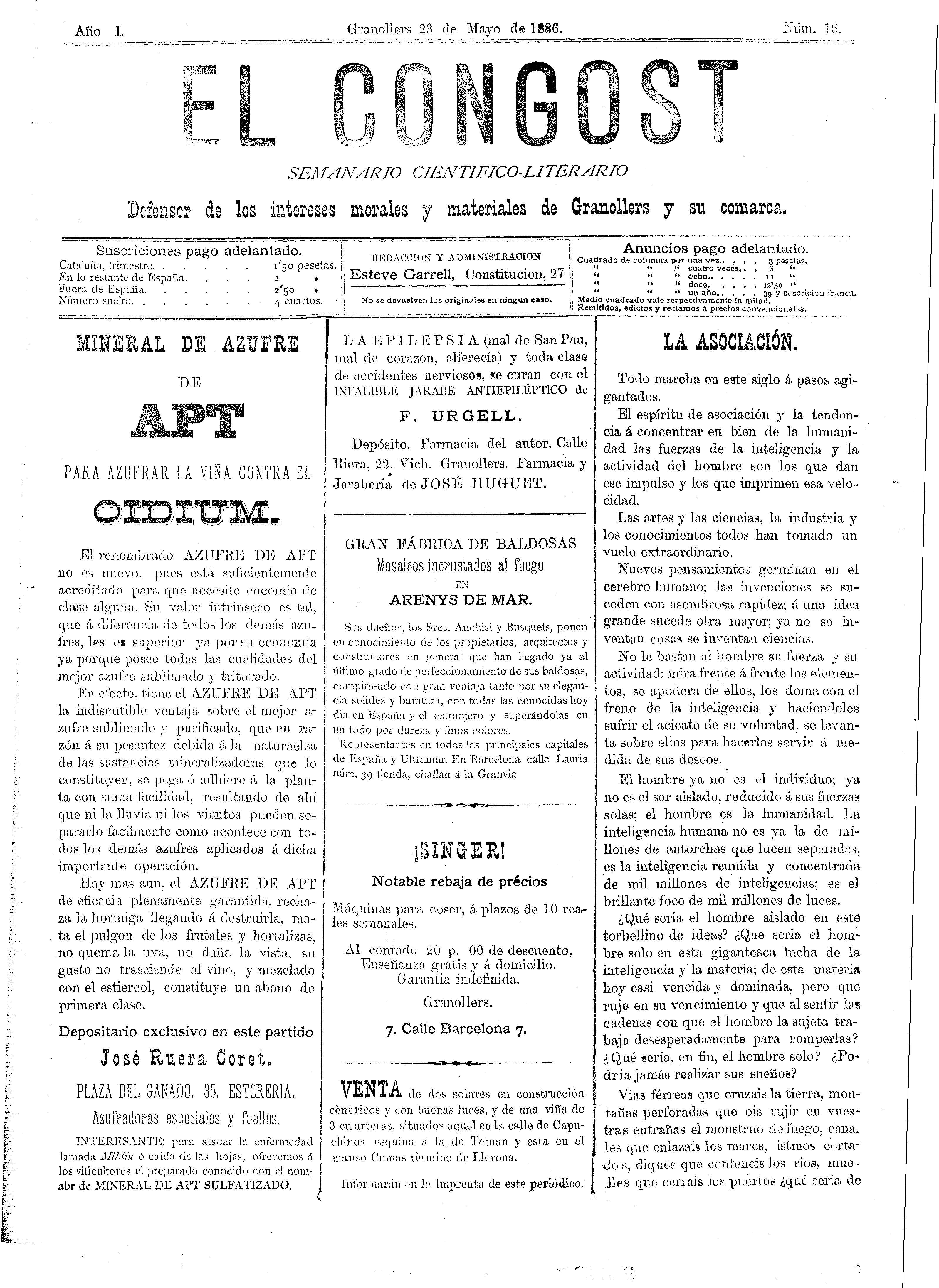 El Congost, 23/5/1886 [Issue]