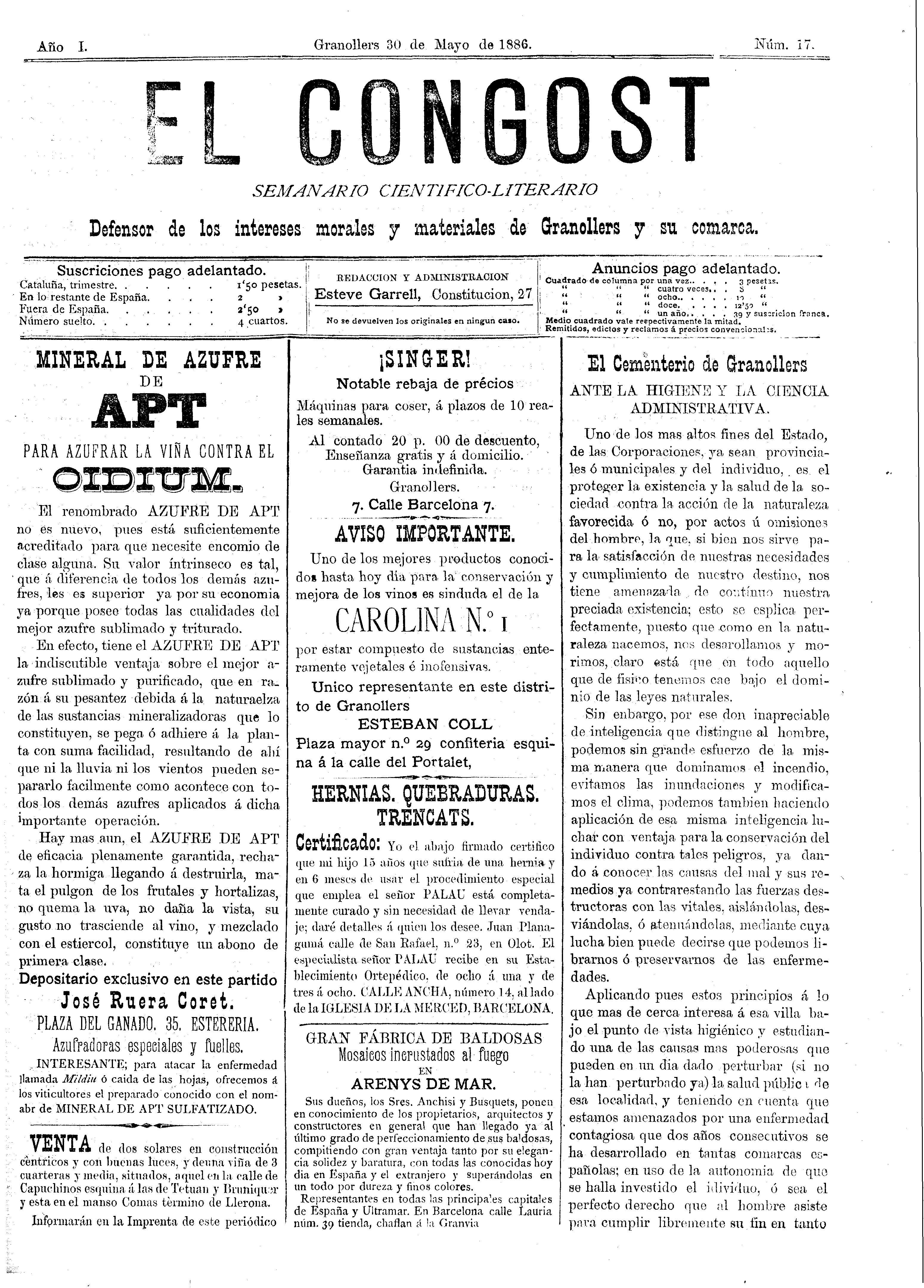 El Congost, 30/5/1886 [Ejemplar]