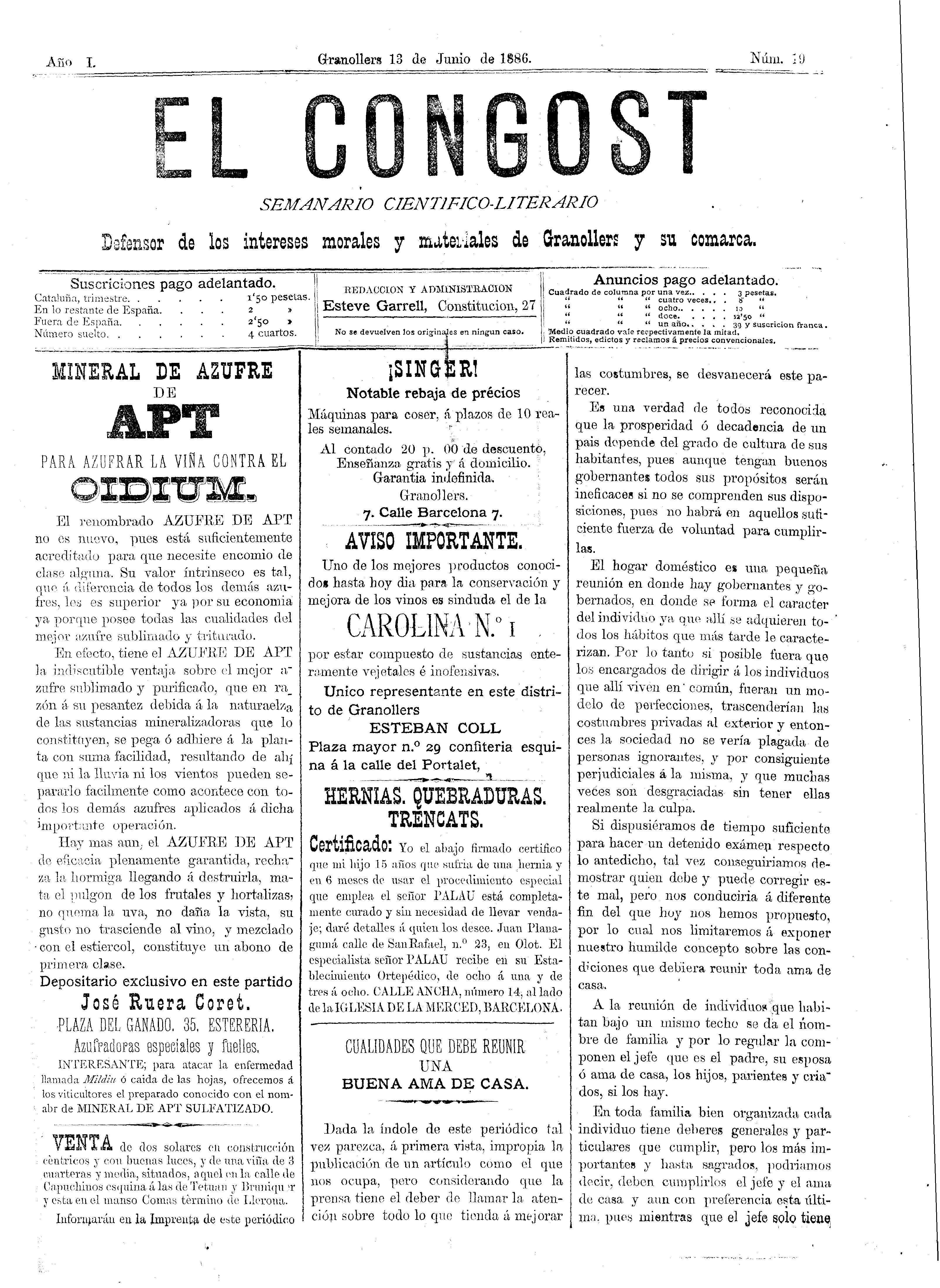 El Congost, 13/6/1886 [Ejemplar]
