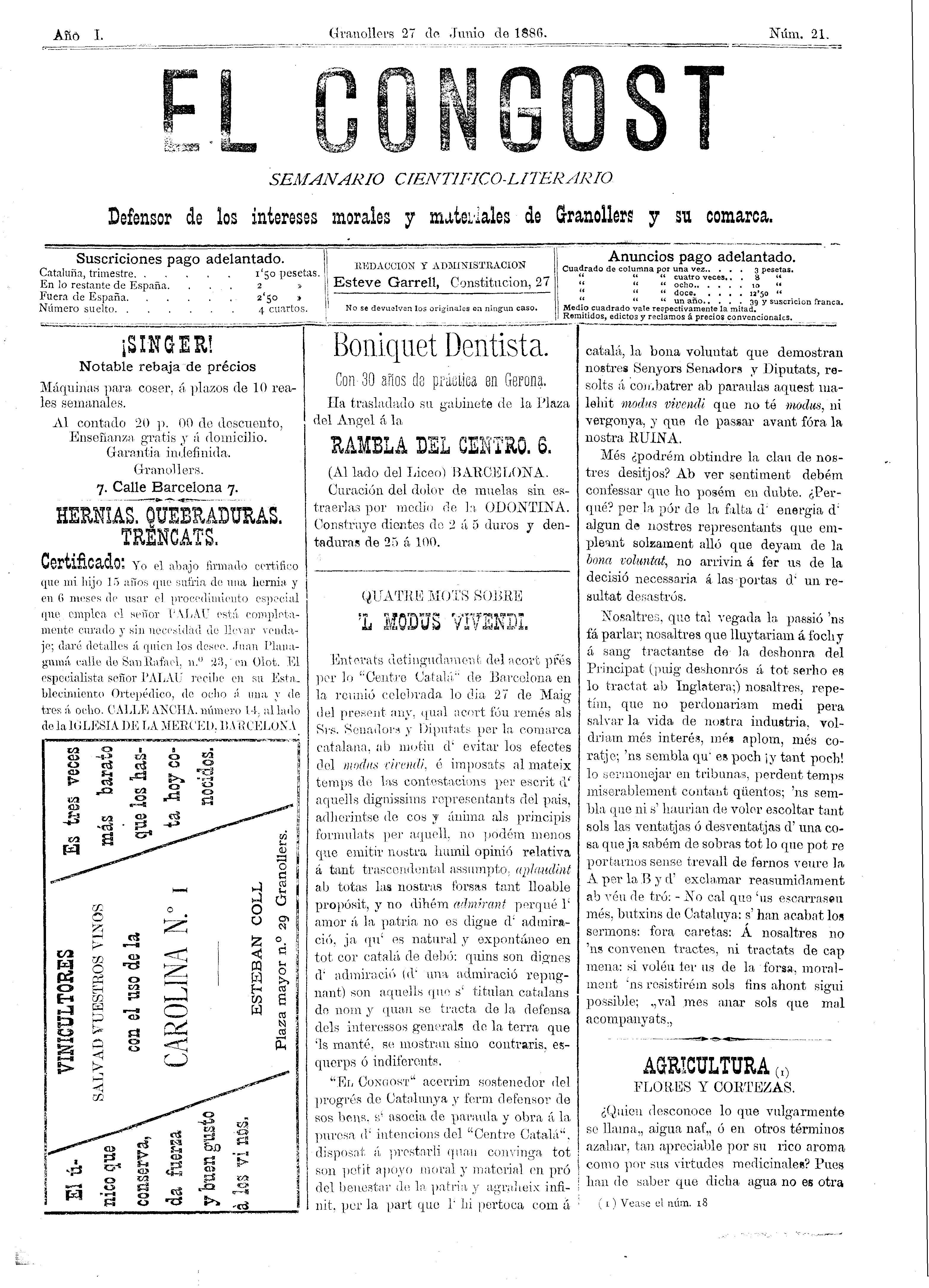 El Congost, 27/6/1886 [Ejemplar]