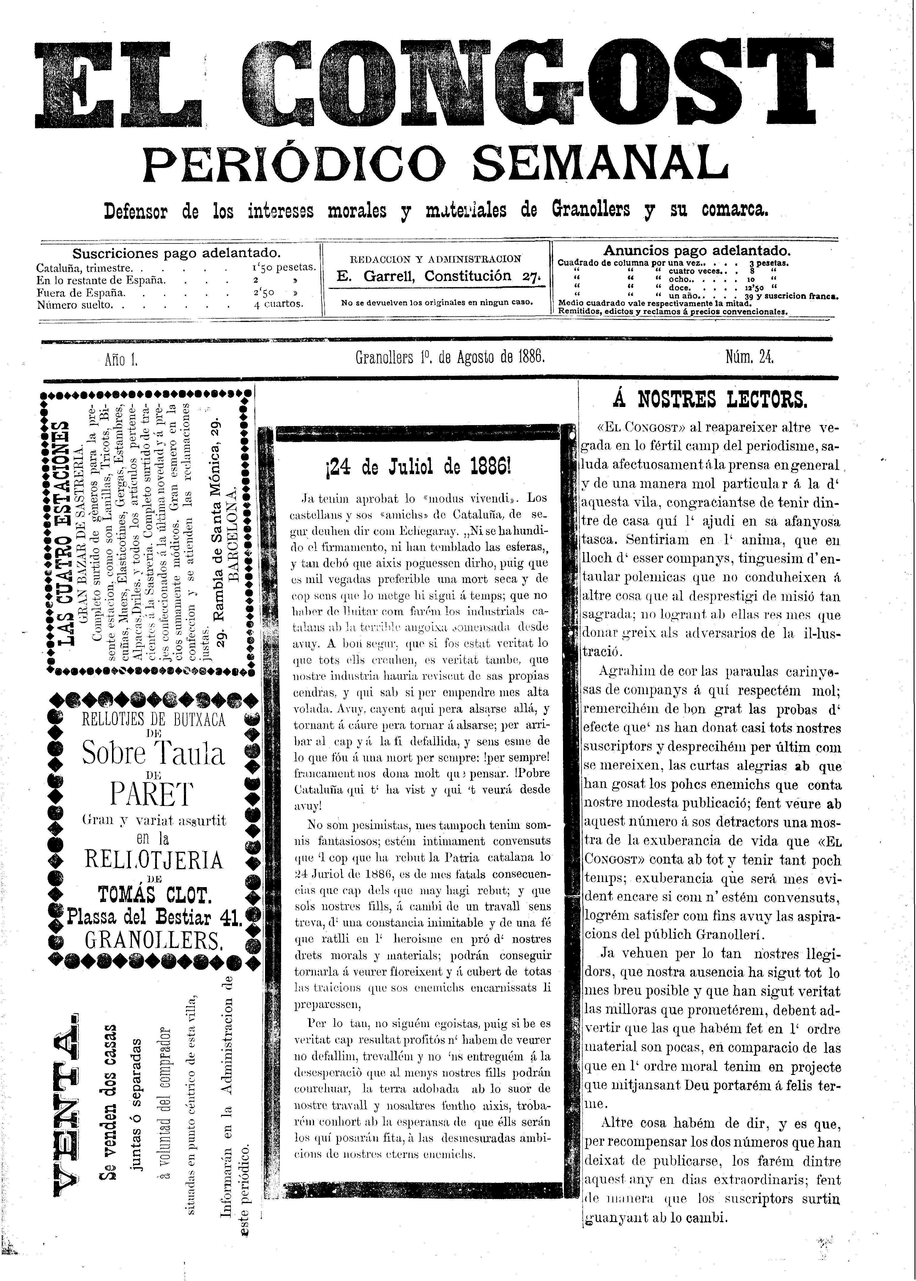El Congost, 1/8/1886 [Ejemplar]