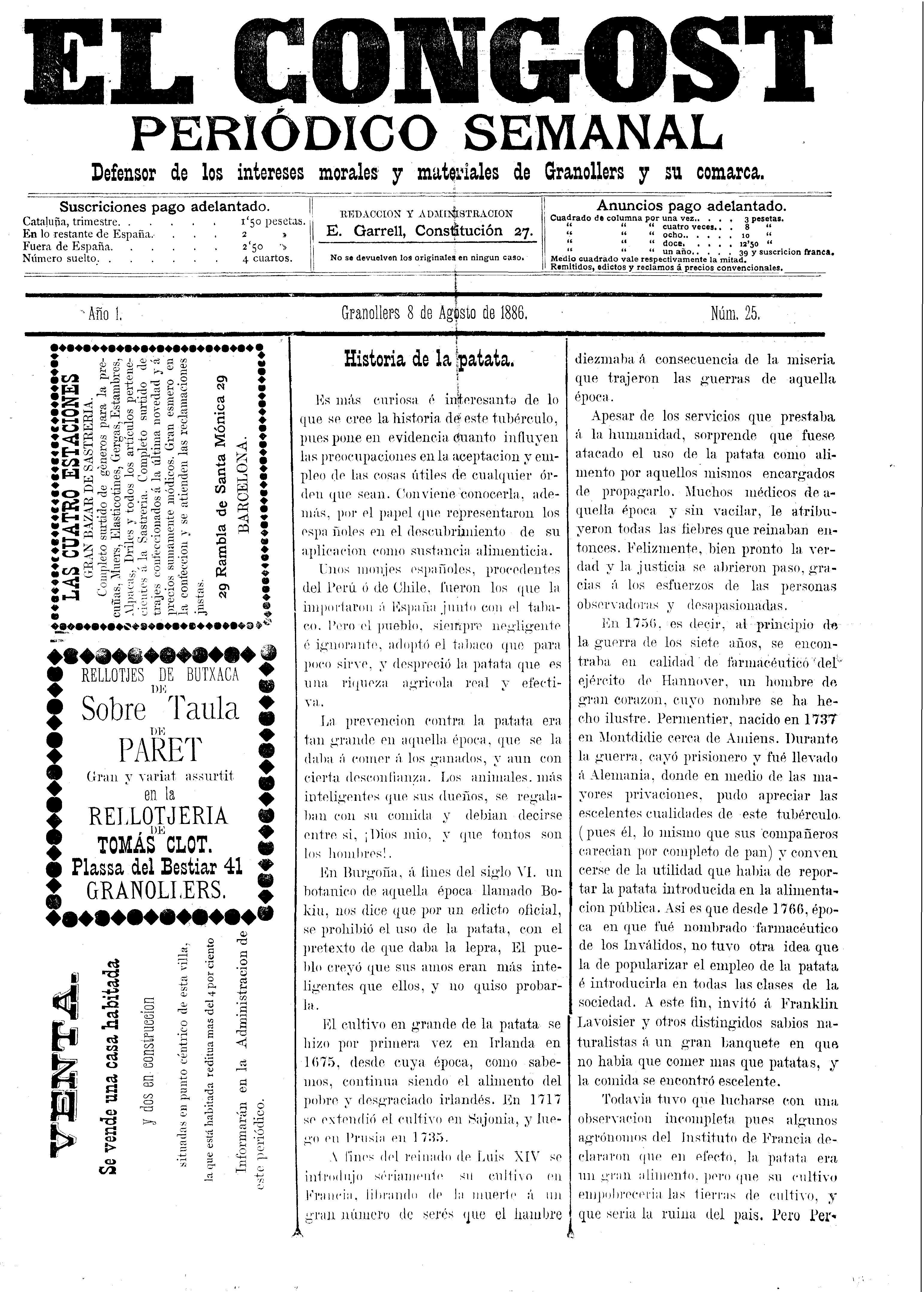 El Congost, 8/8/1886 [Ejemplar]