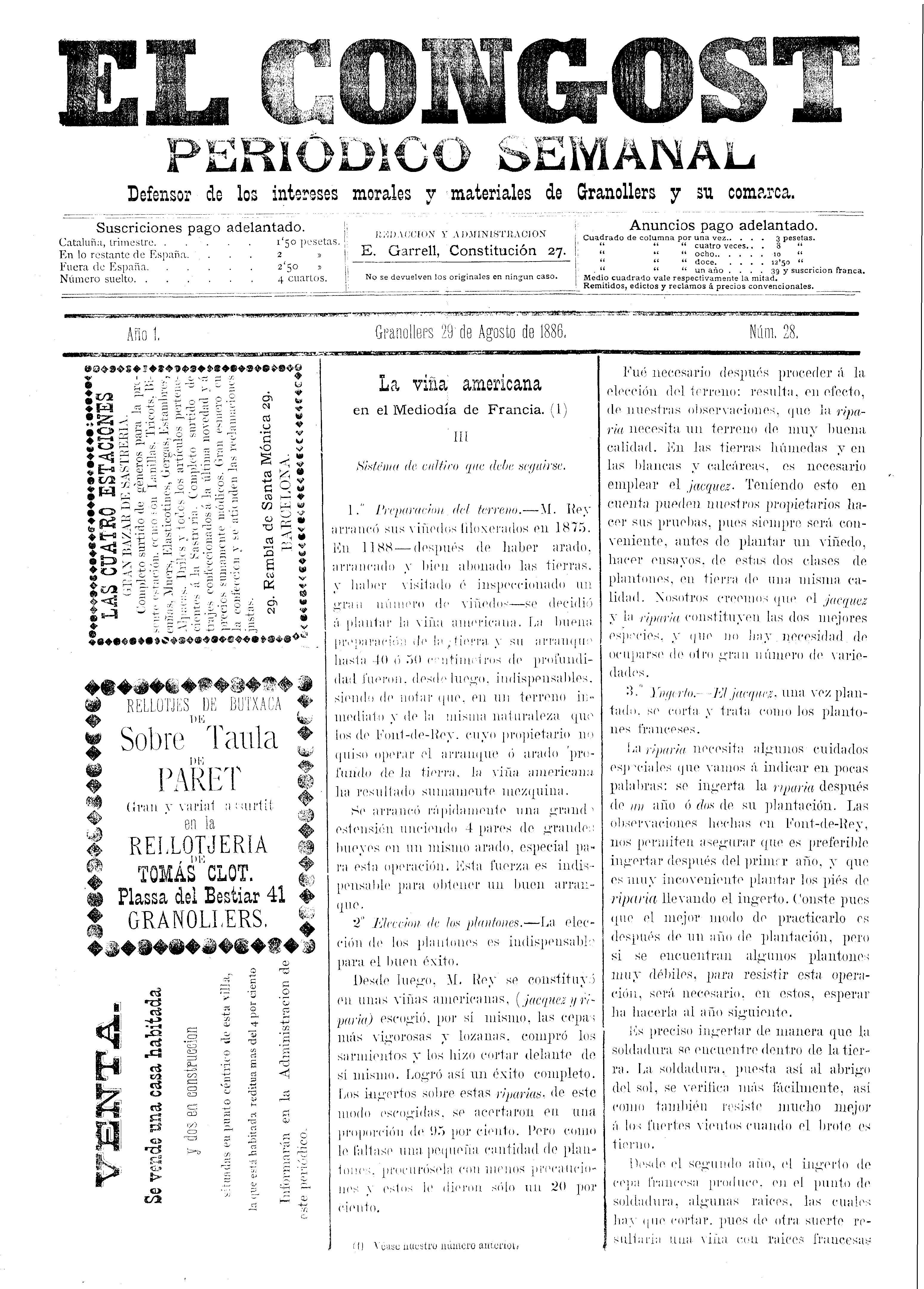 El Congost, 29/8/1886 [Ejemplar]