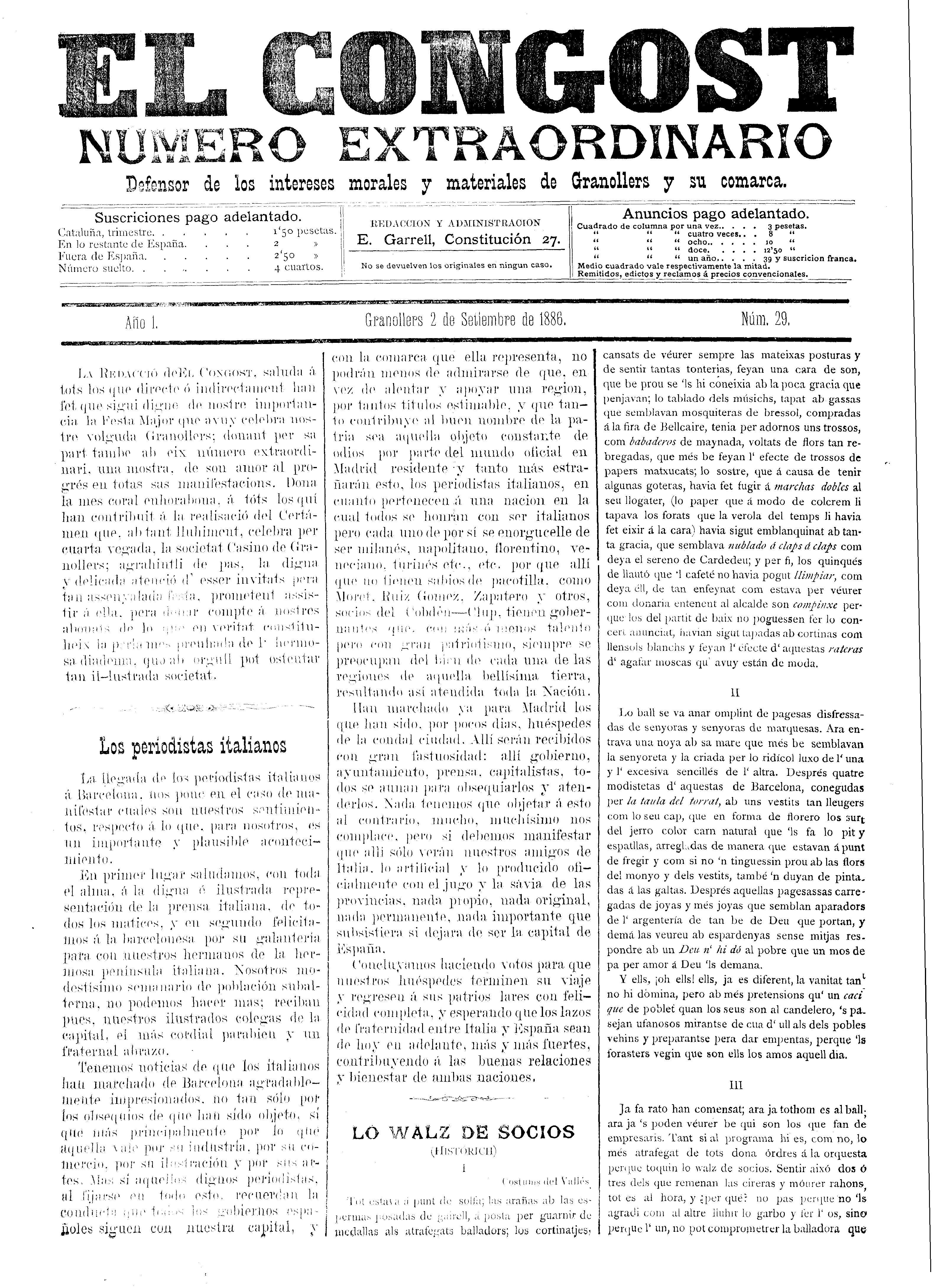 El Congost, 2/9/1886 [Ejemplar]