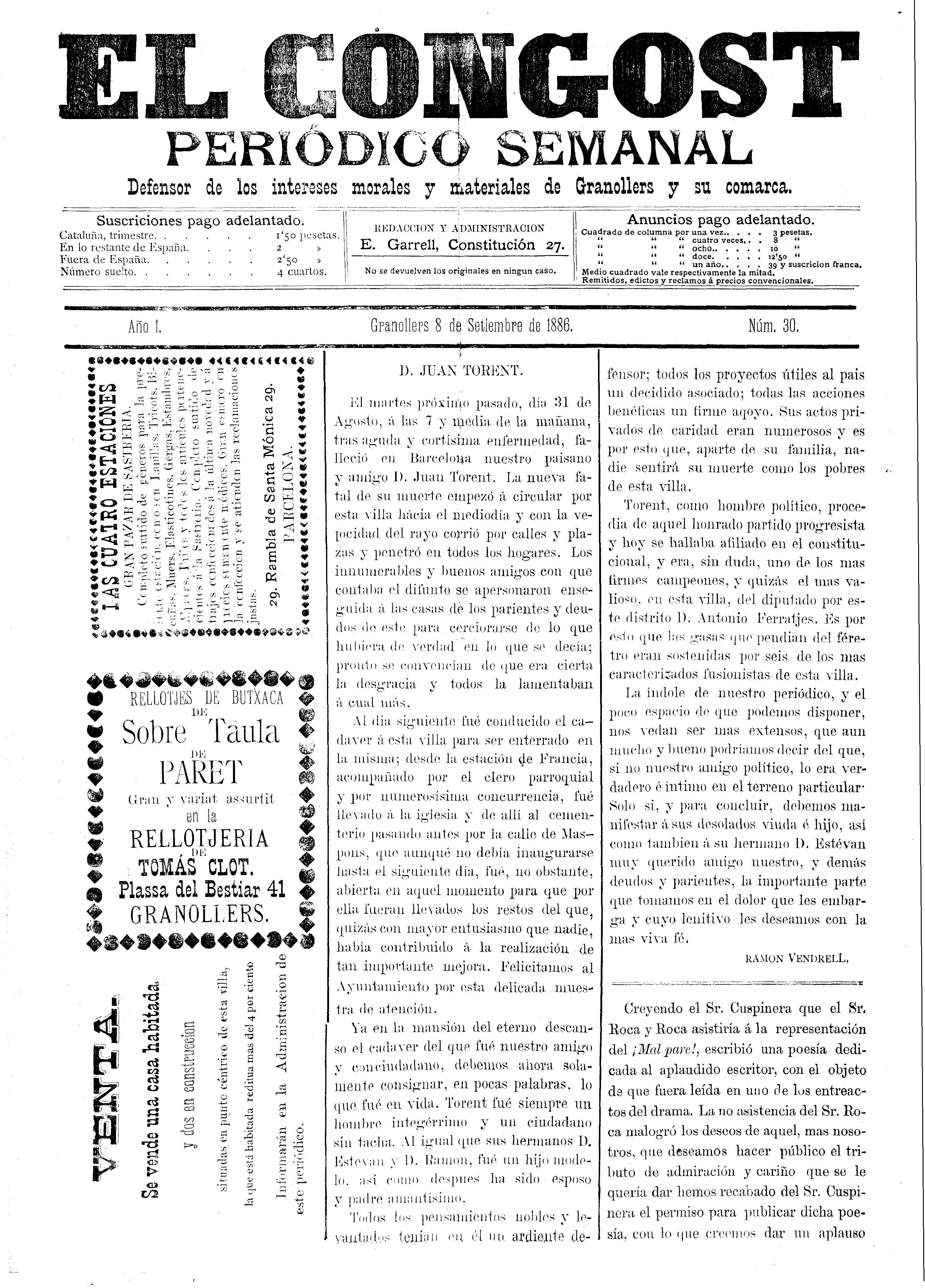 El Congost, 8/9/1886 [Ejemplar]