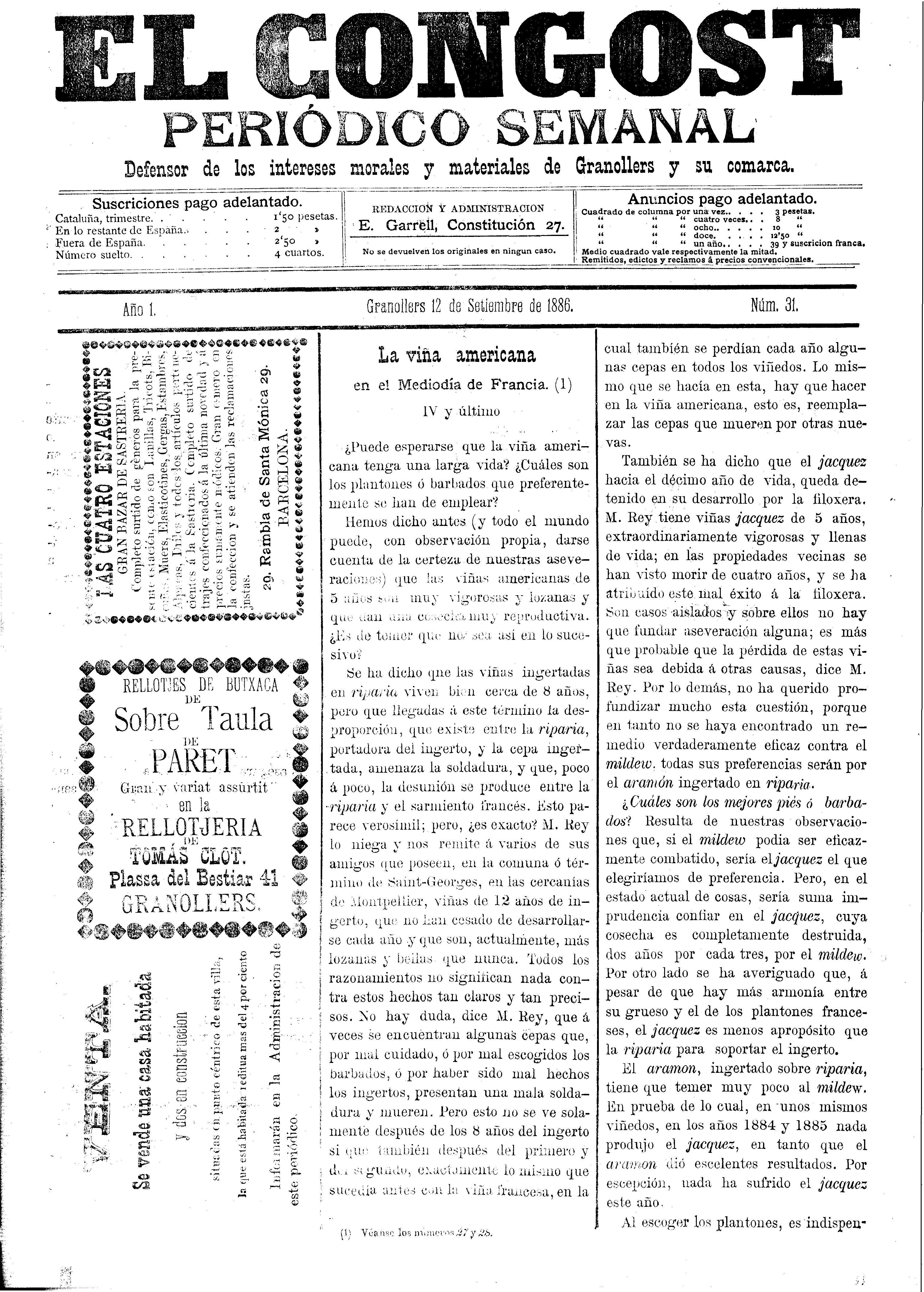 El Congost, 12/9/1886 [Ejemplar]