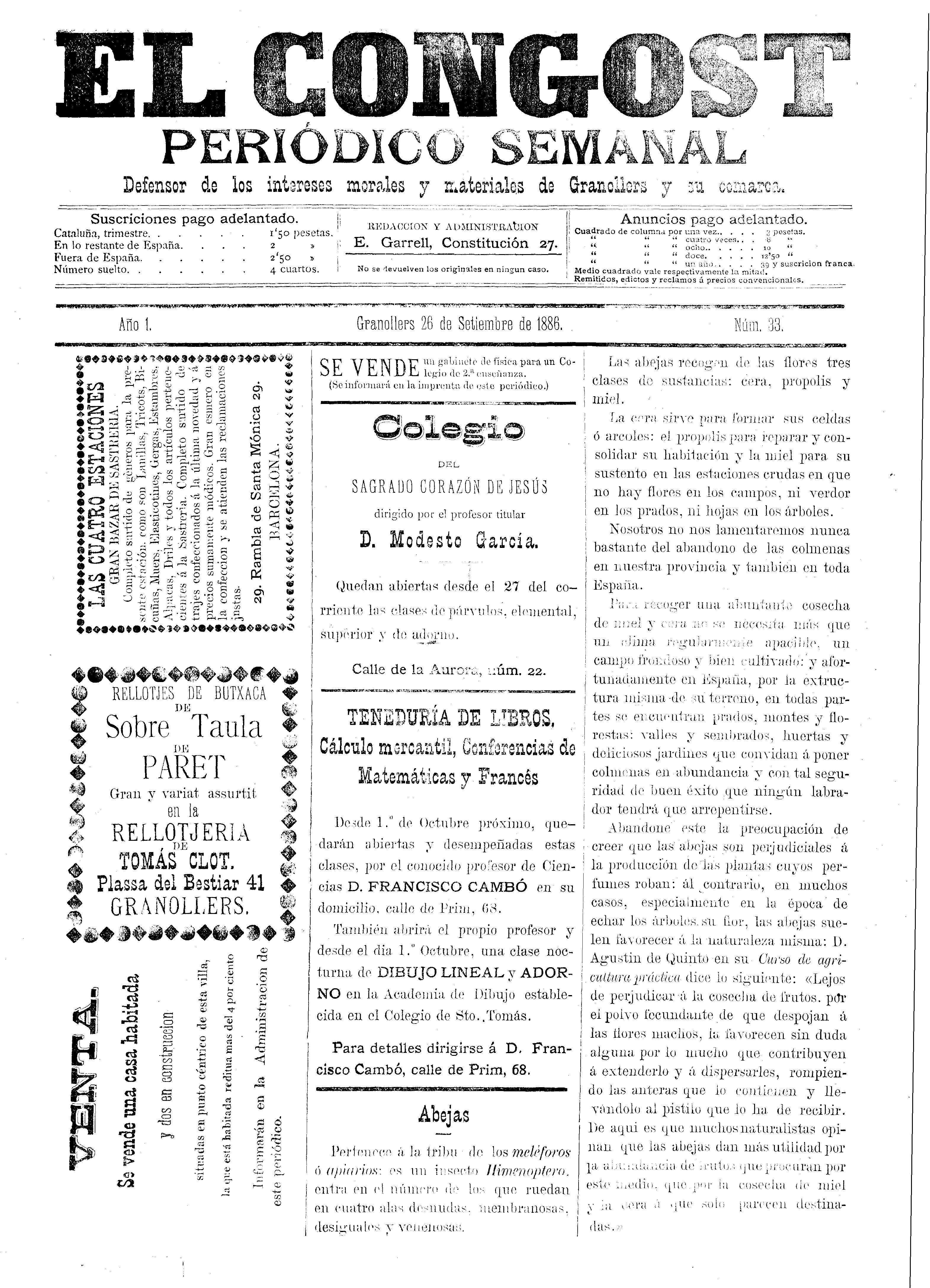 El Congost, 26/9/1886 [Ejemplar]