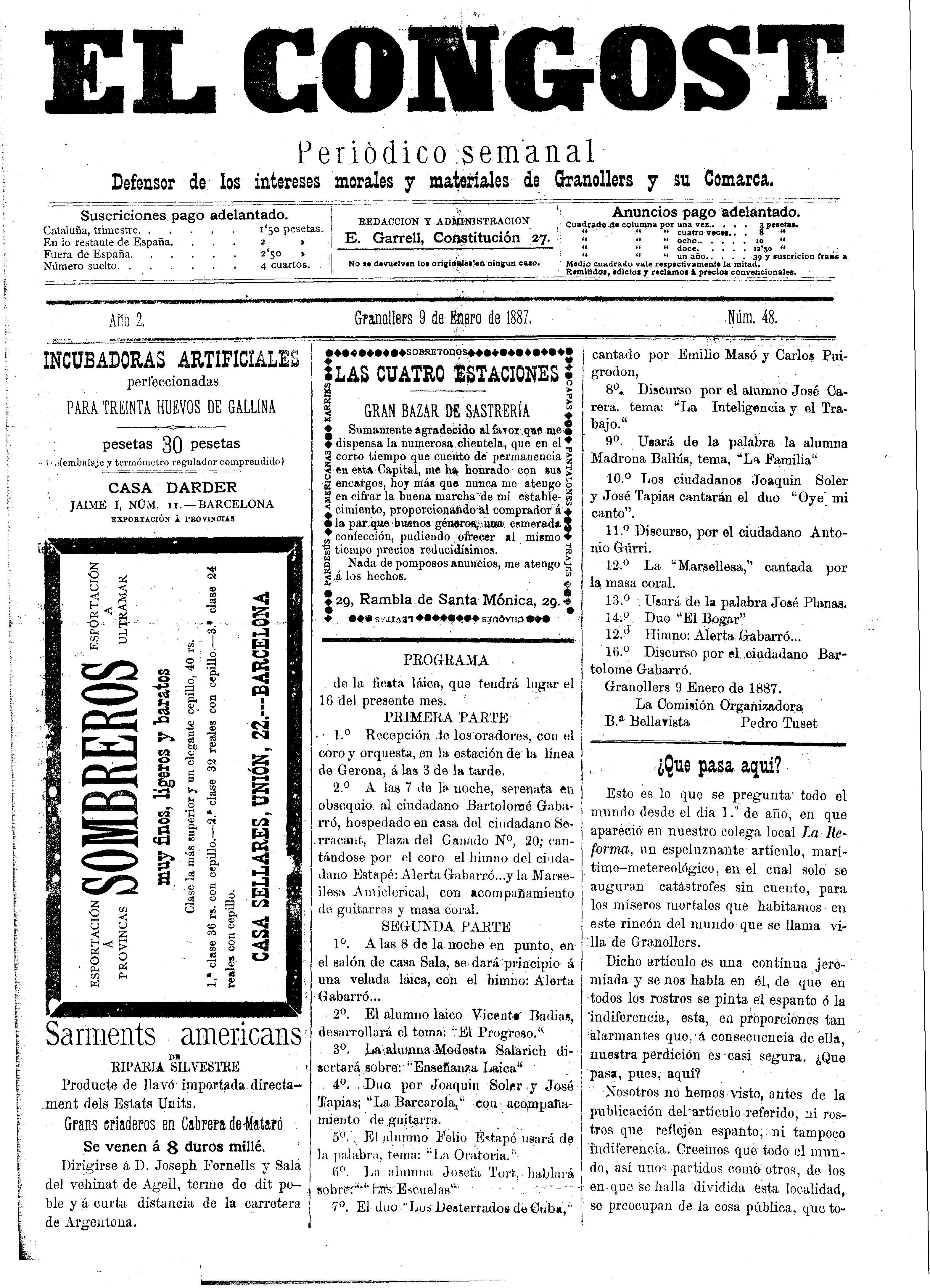 El Congost, 9/1/1887 [Issue]