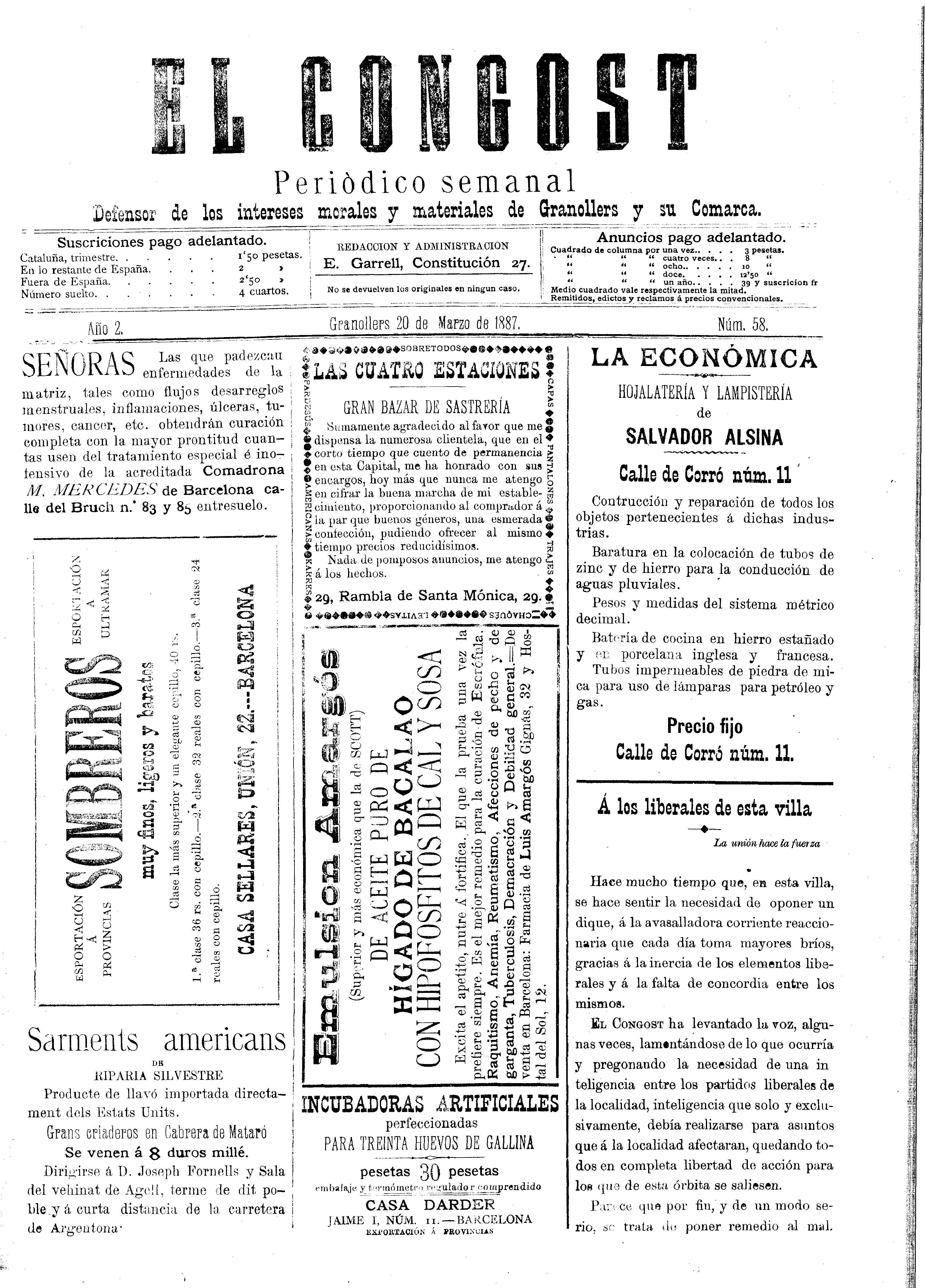 El Congost, 20/3/1887 [Ejemplar]