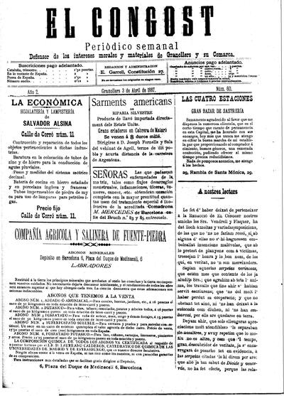 El Congost, 3/4/1887 [Ejemplar]