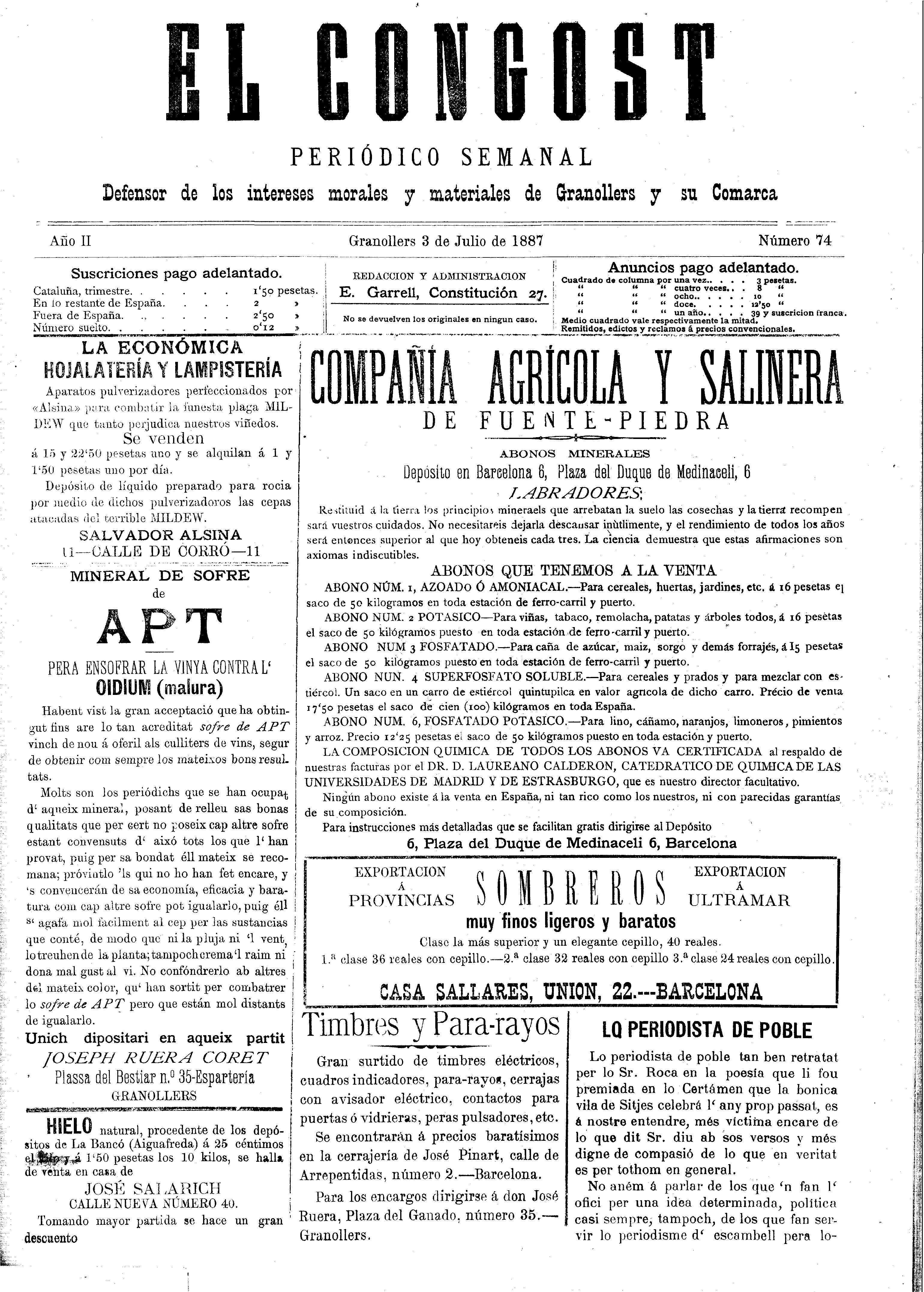 El Congost, 3/7/1887 [Ejemplar]