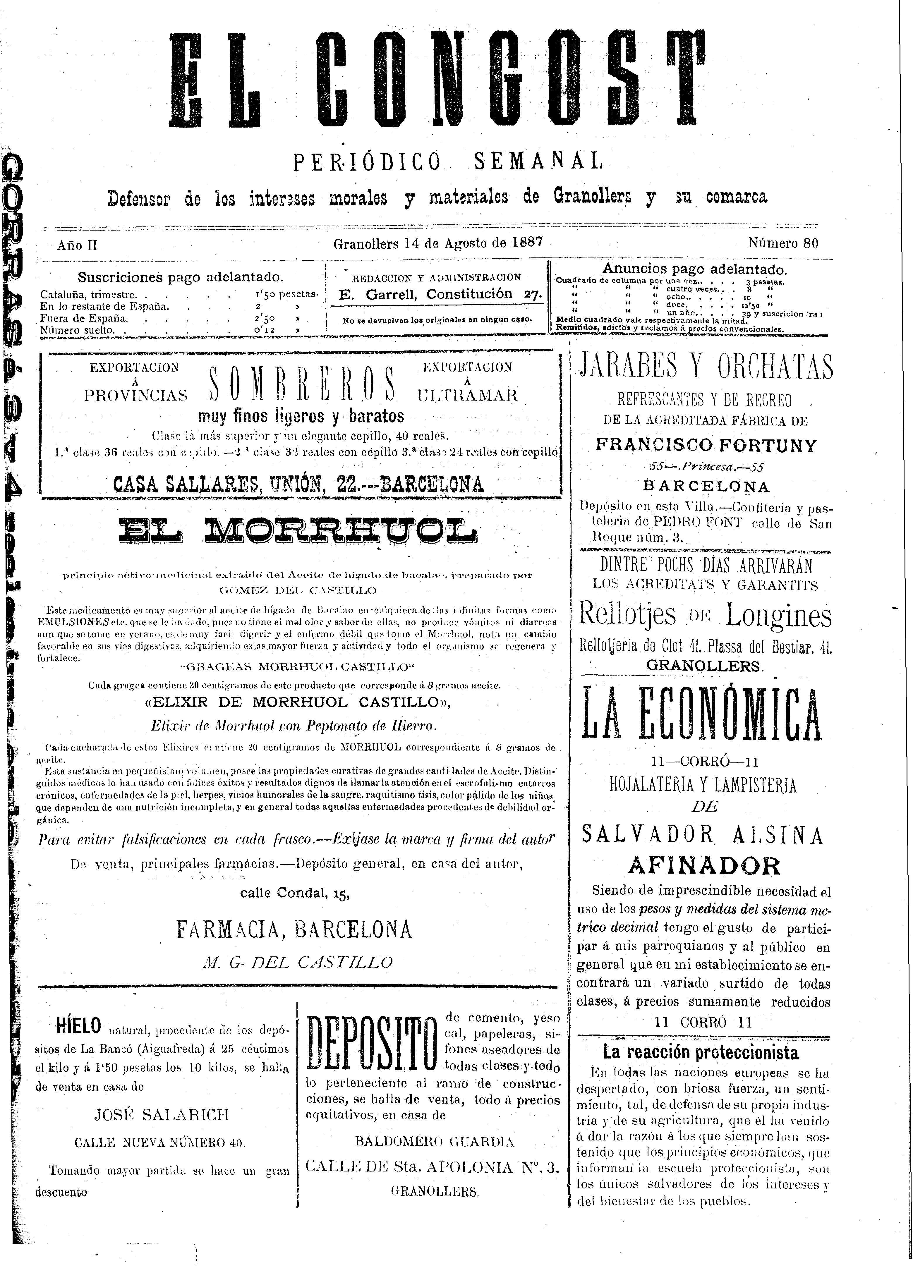 El Congost, 14/8/1887 [Ejemplar]