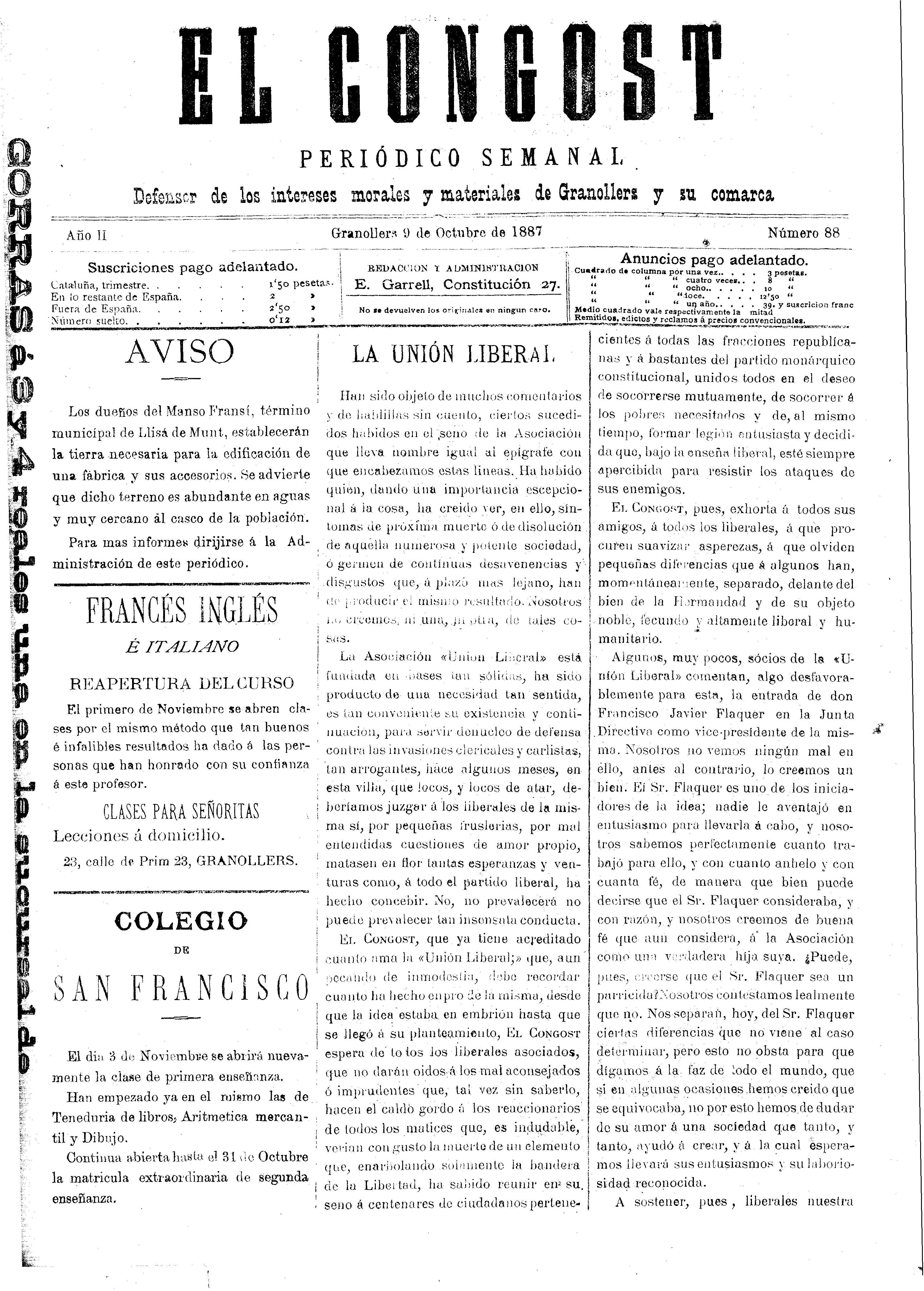 El Congost, 9/10/1887 [Issue]