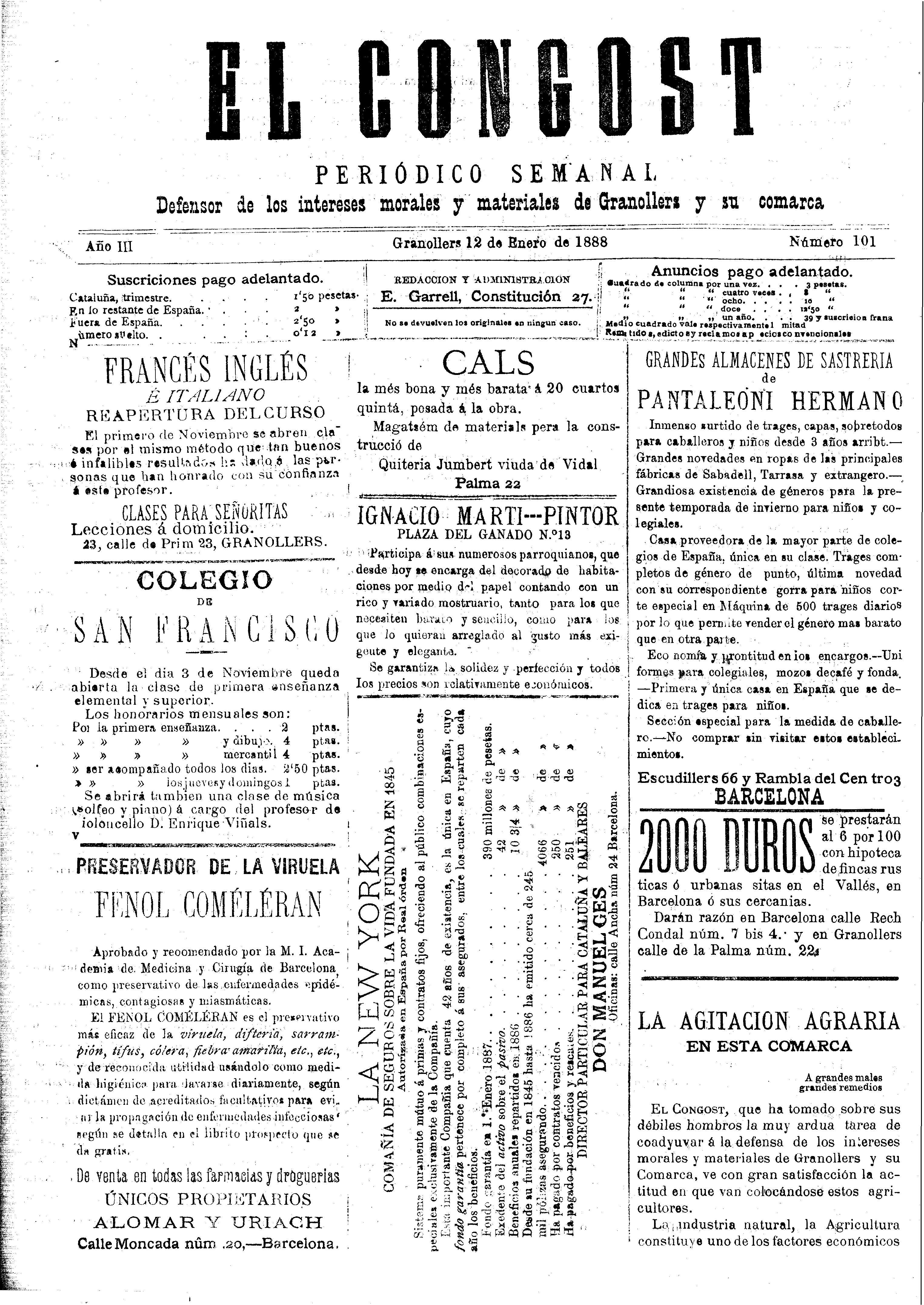 El Congost, 12/1/1888 [Ejemplar]