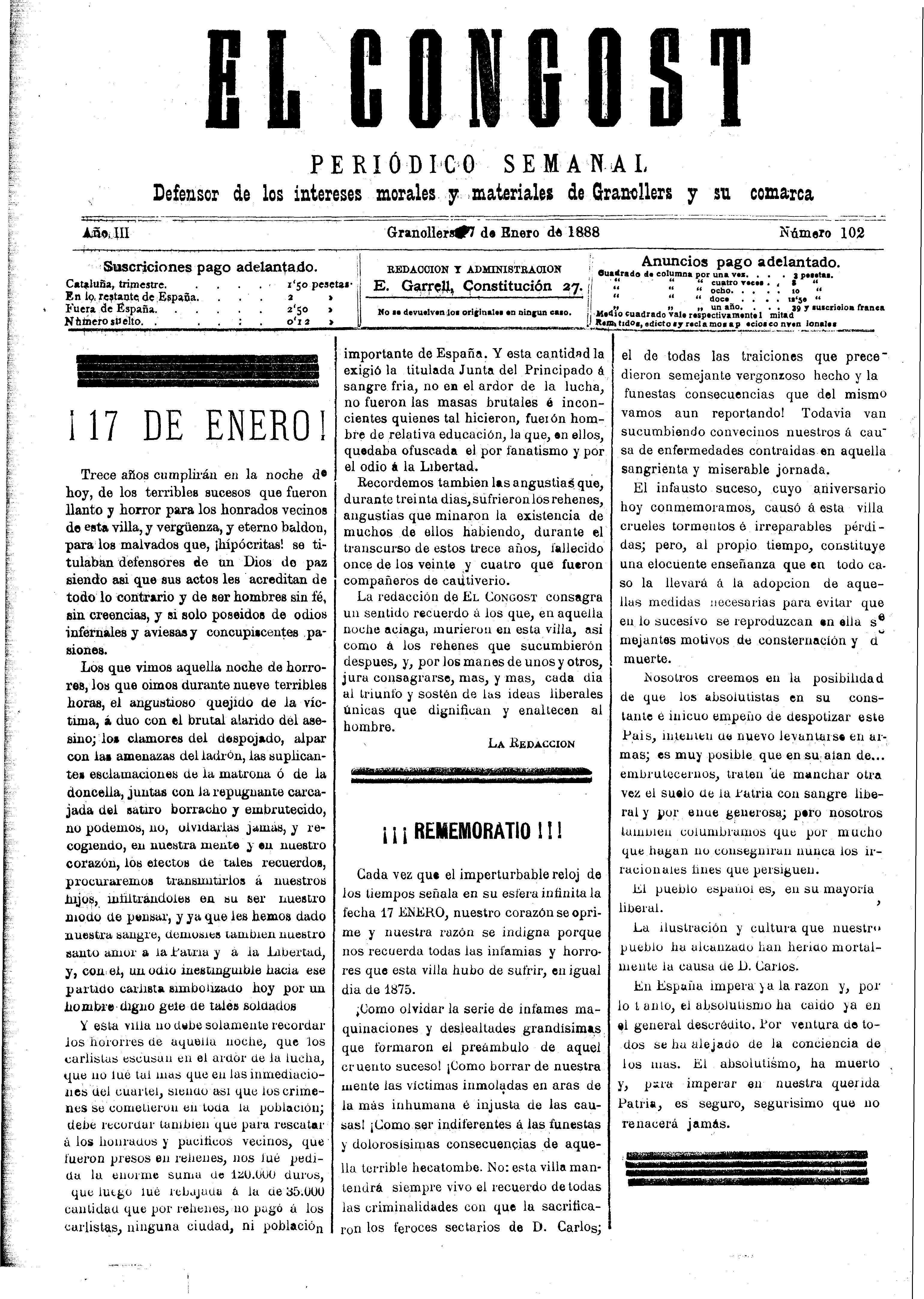 El Congost, 17/1/1888 [Ejemplar]