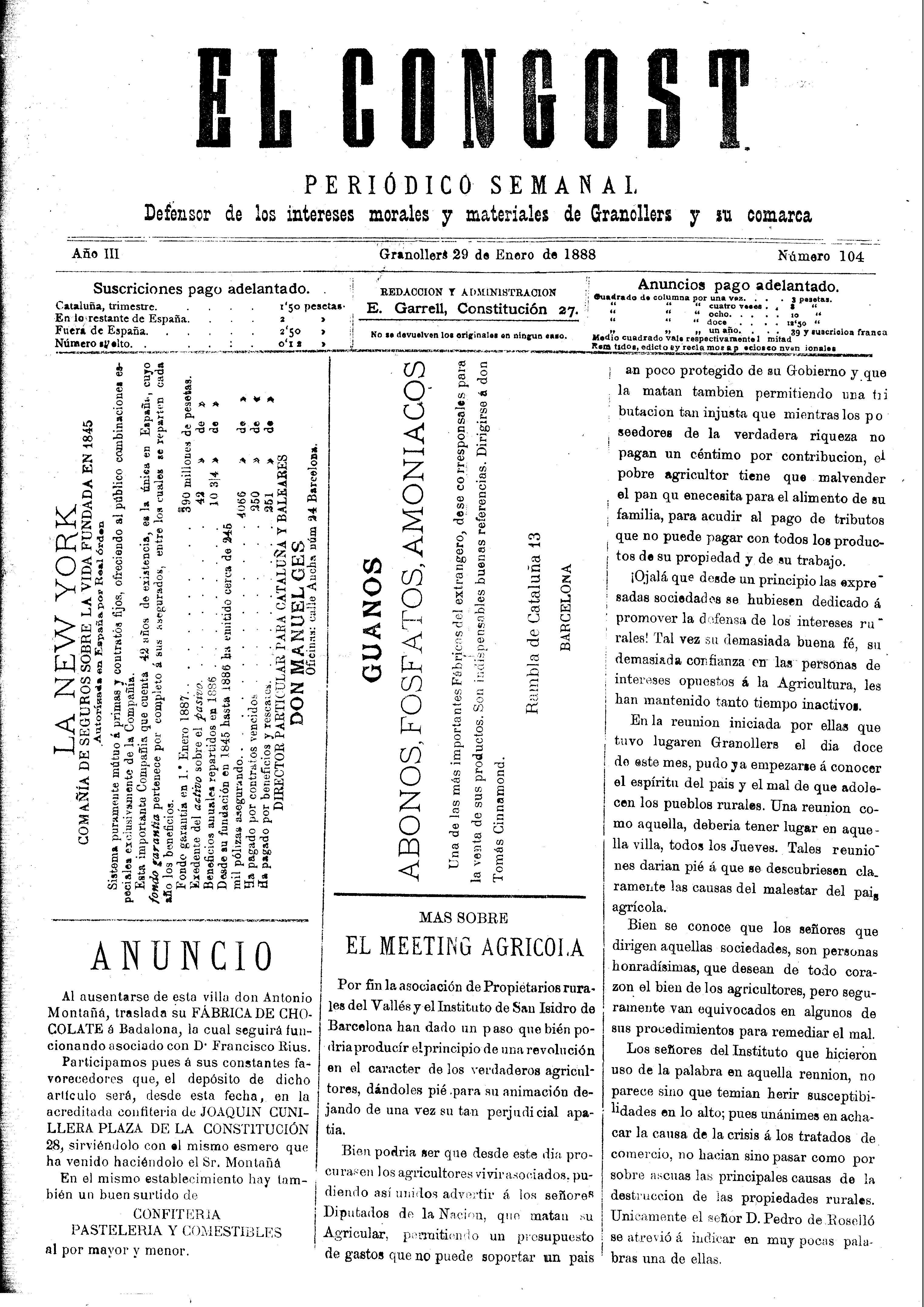 El Congost, 29/1/1888 [Exemplar]