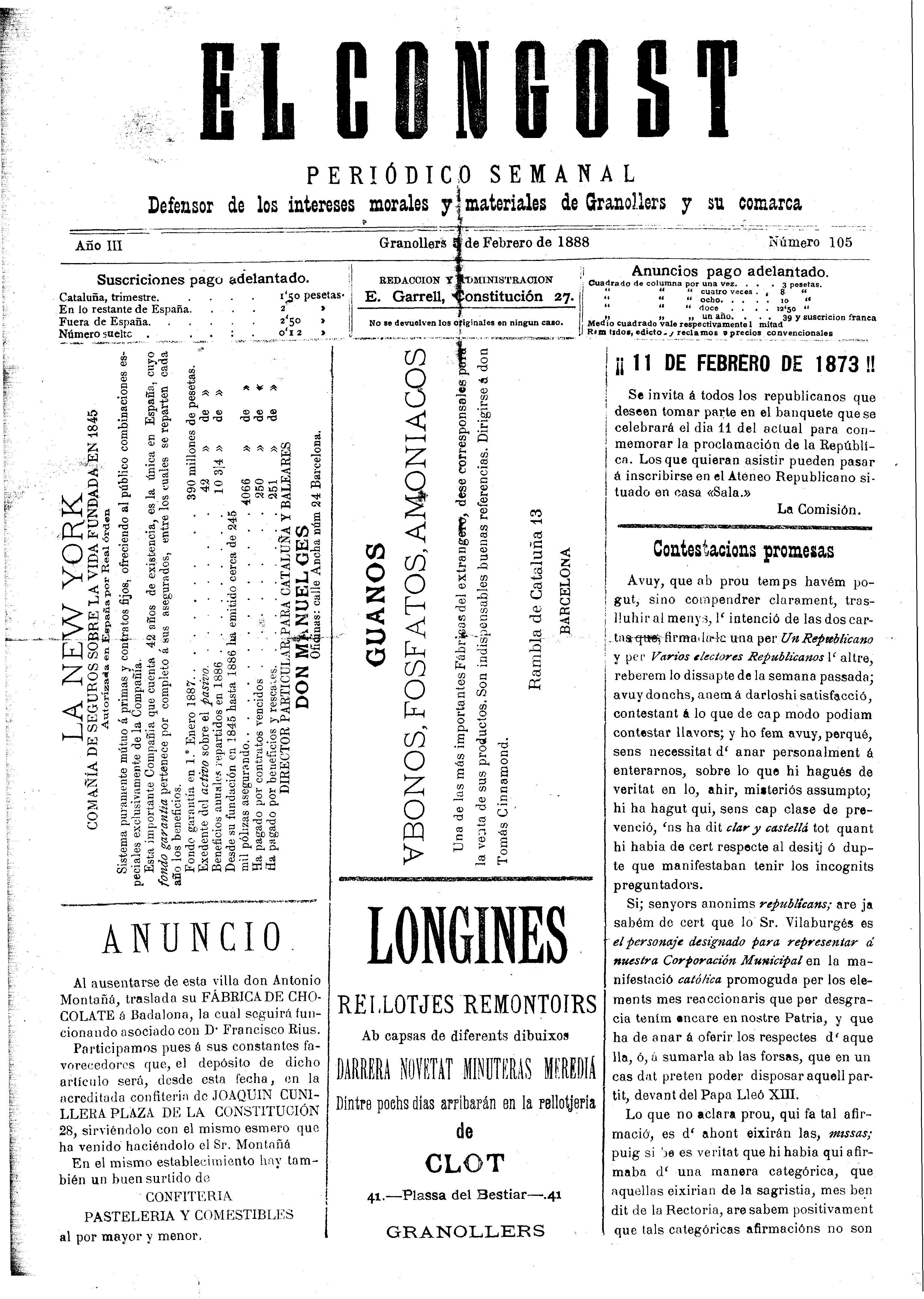 El Congost, 5/2/1888 [Ejemplar]