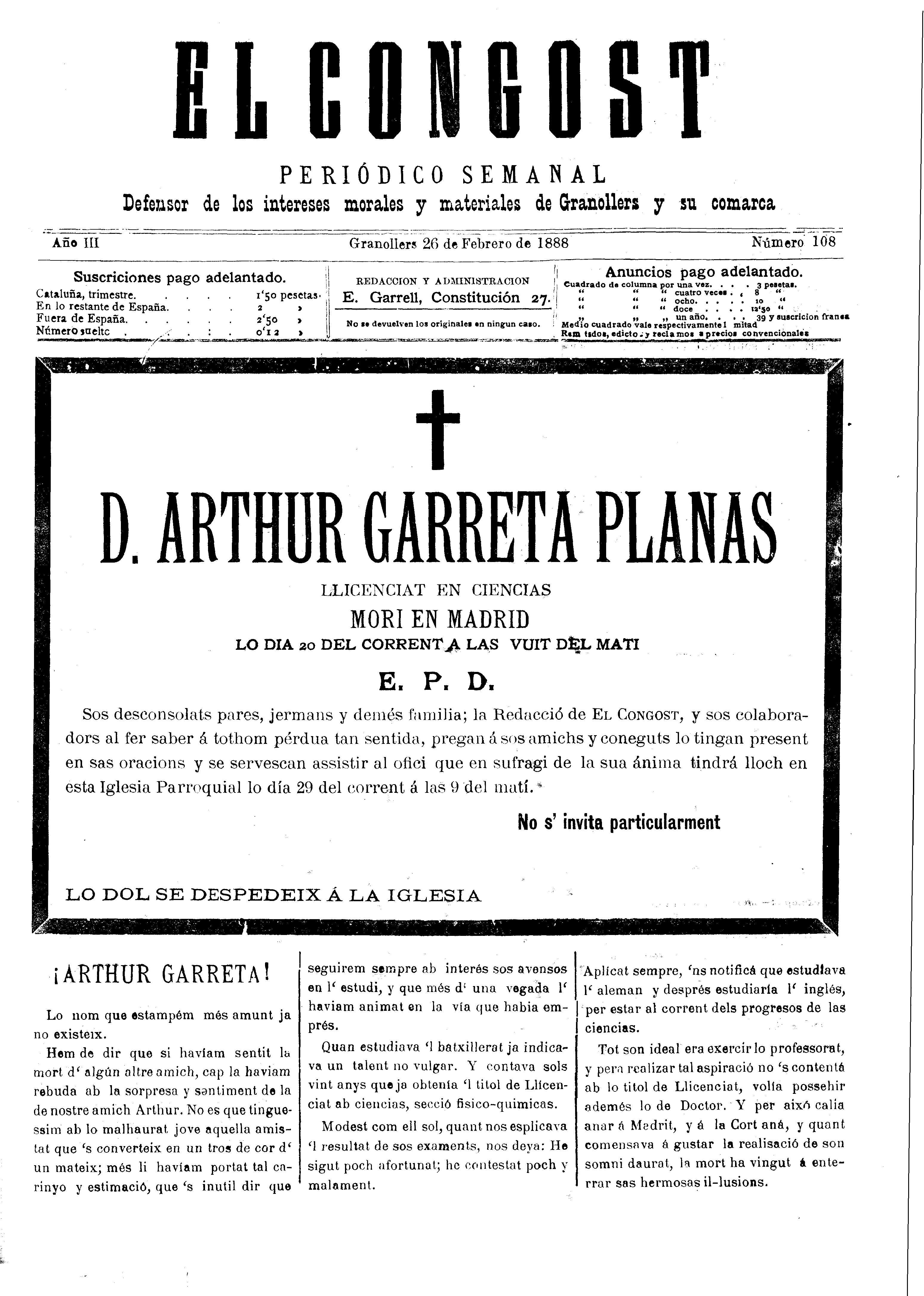 El Congost, 26/2/1888 [Issue]