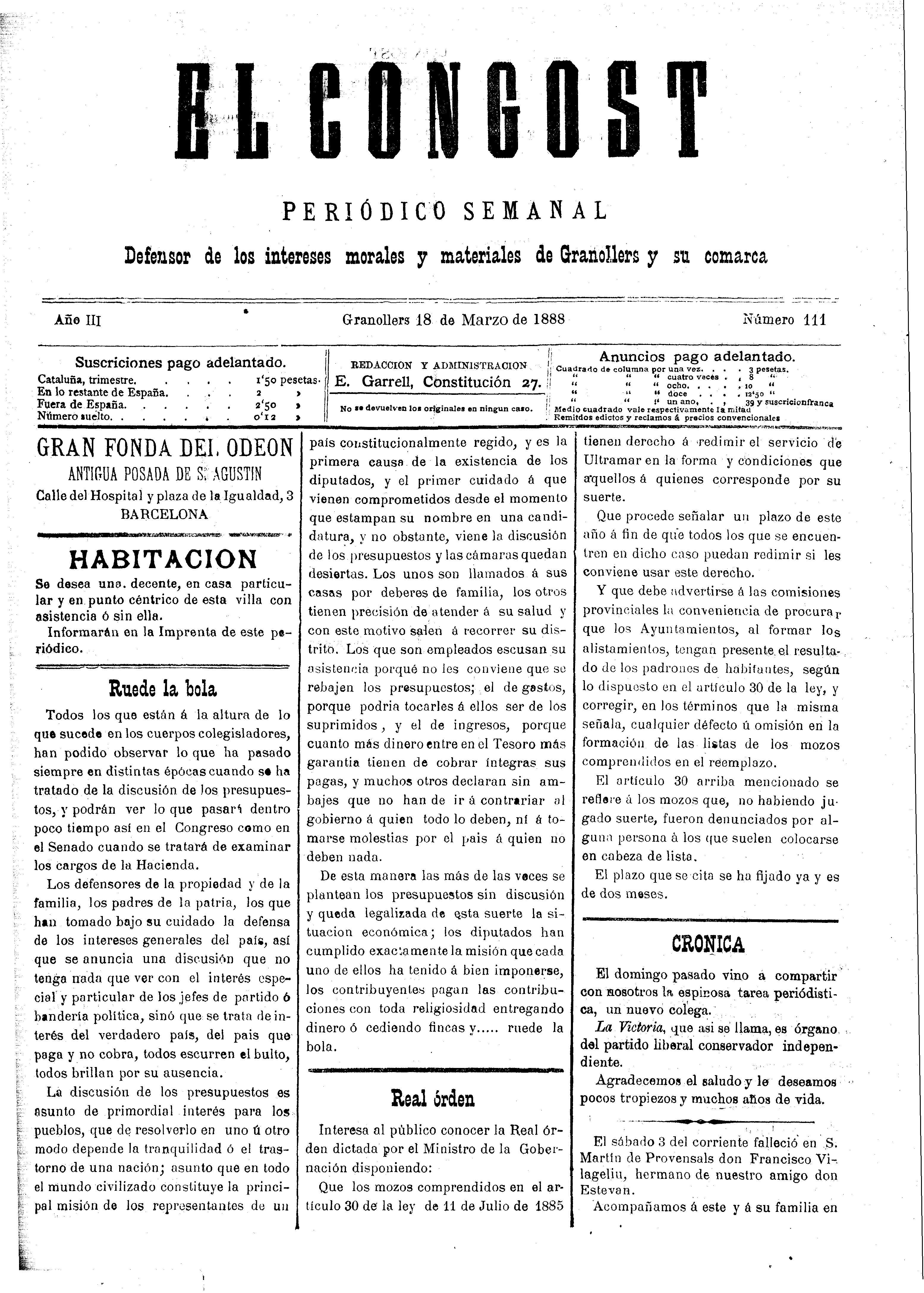 El Congost, 18/3/1888 [Issue]