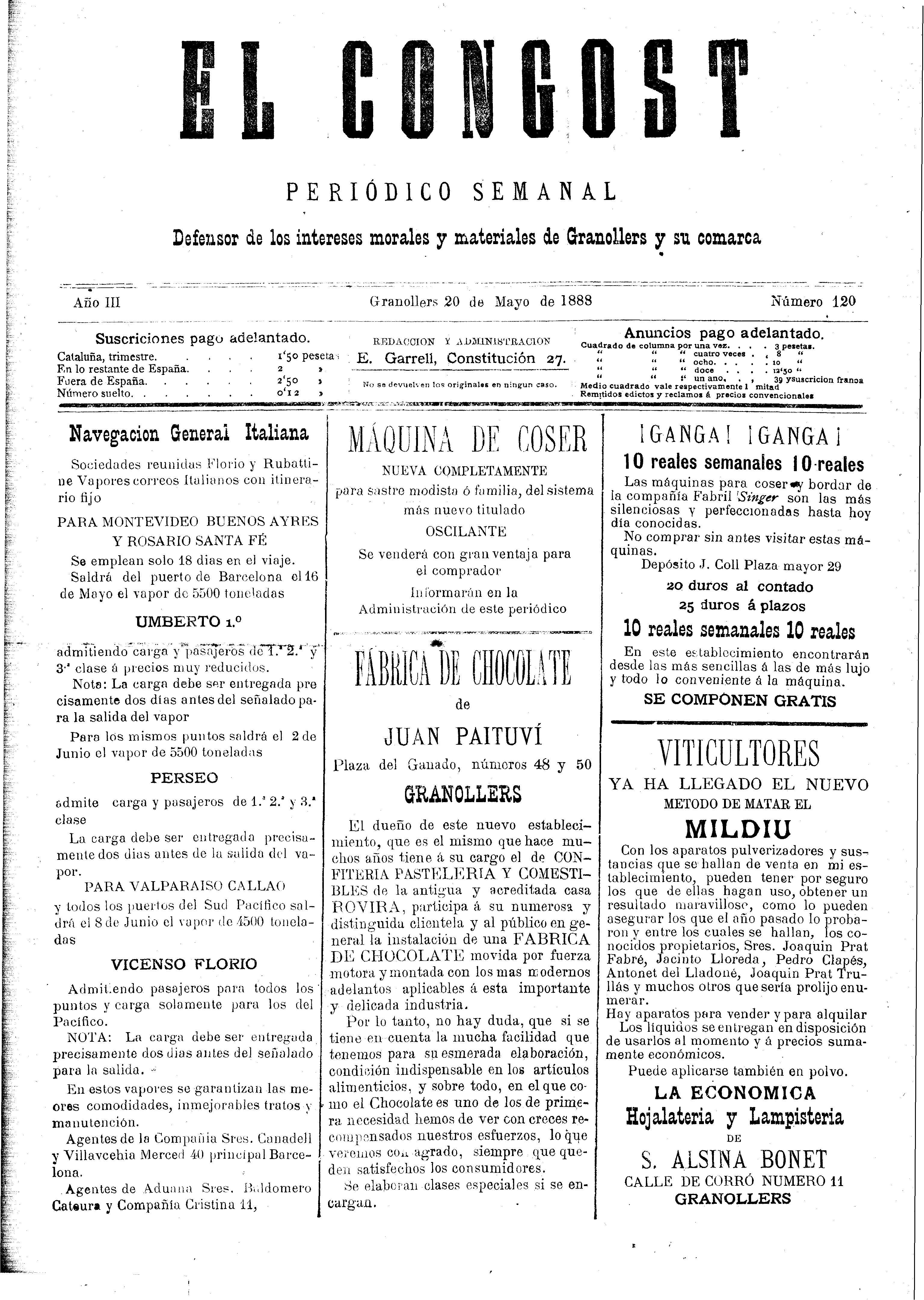 El Congost, 20/5/1888 [Ejemplar]