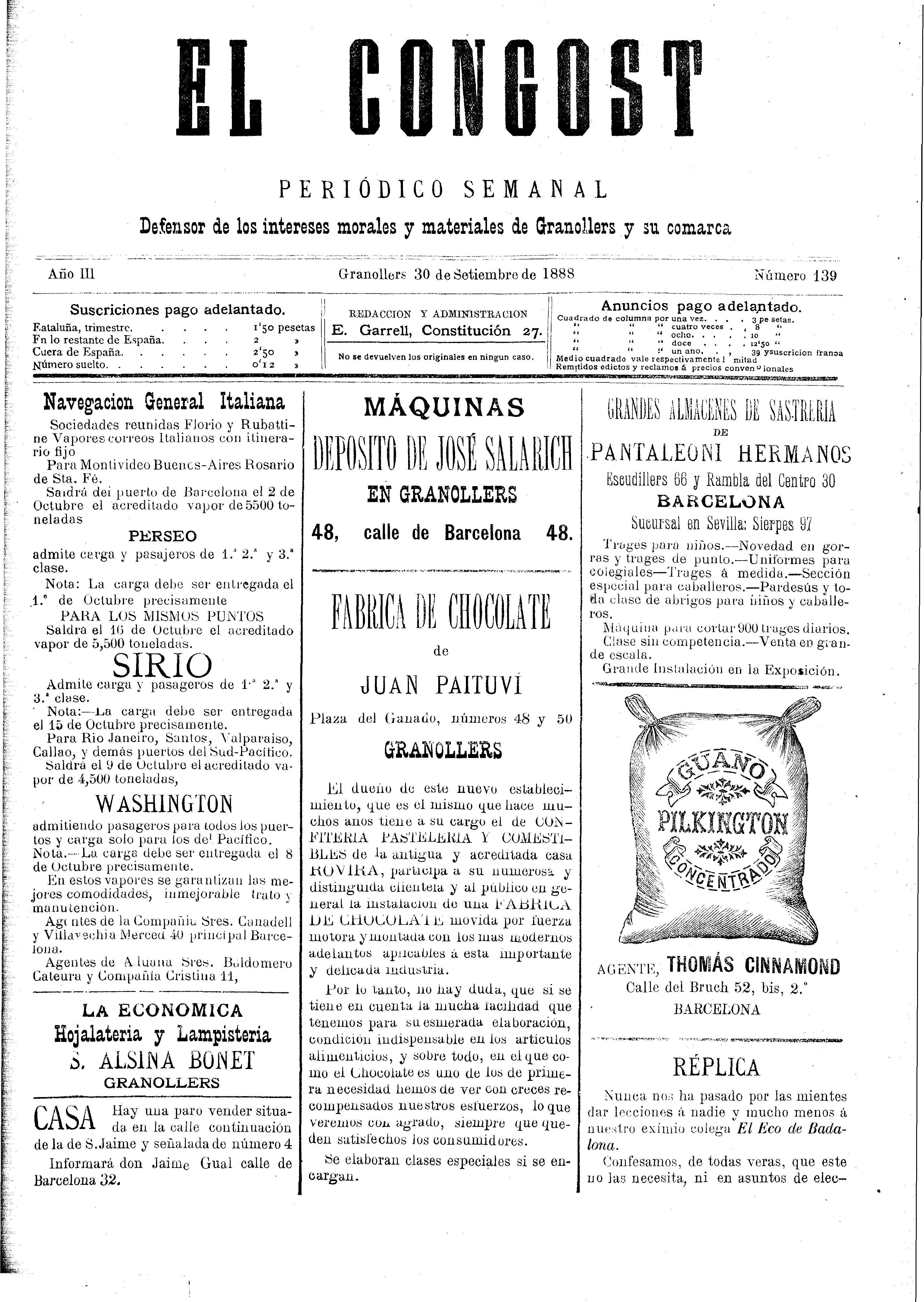 El Congost, 30/9/1888 [Ejemplar]