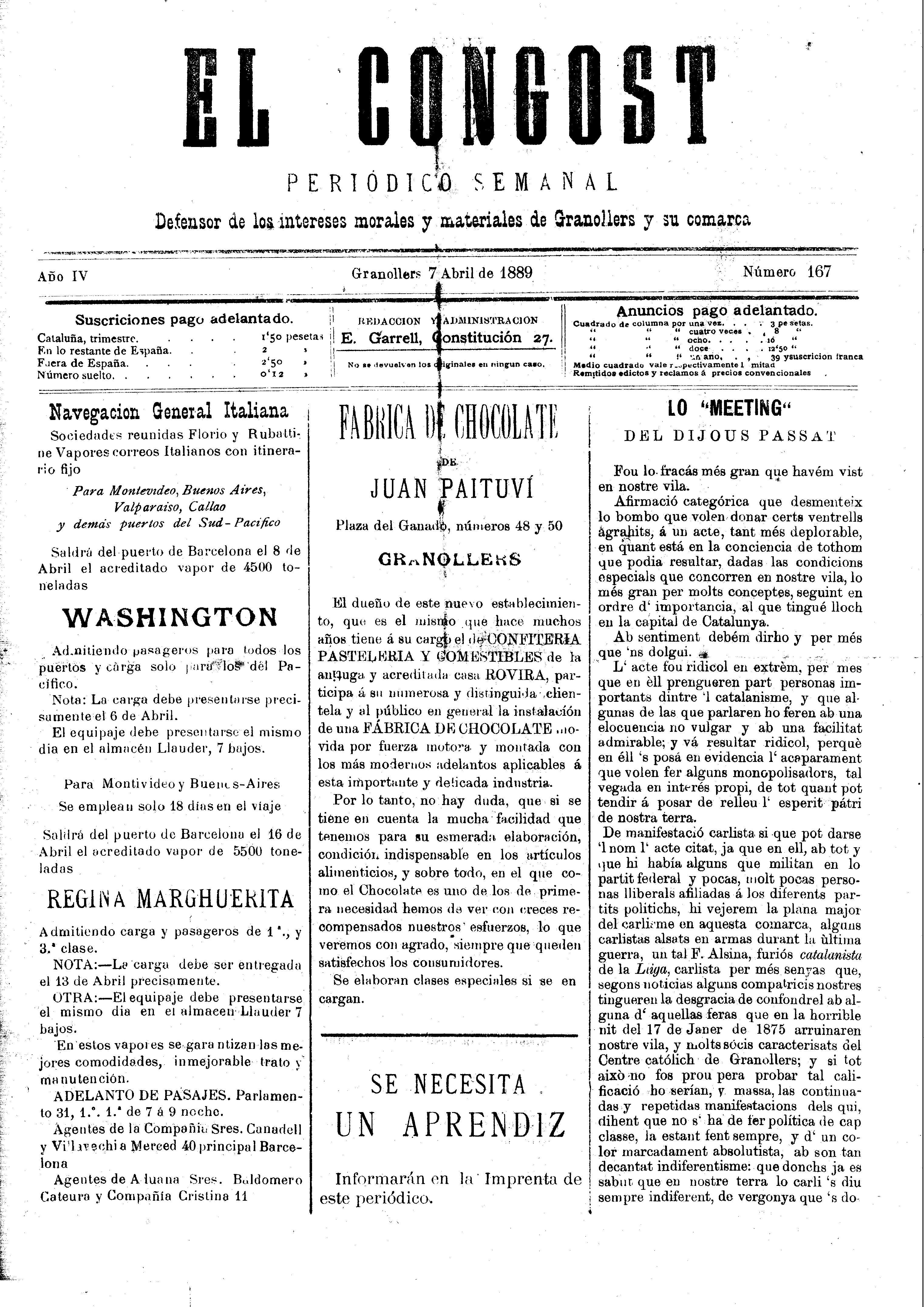 El Congost, 7/4/1889 [Ejemplar]