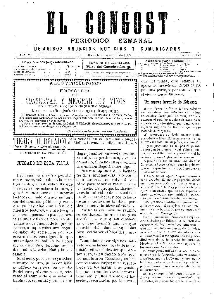 El Congost, 14/6/1891 [Issue]