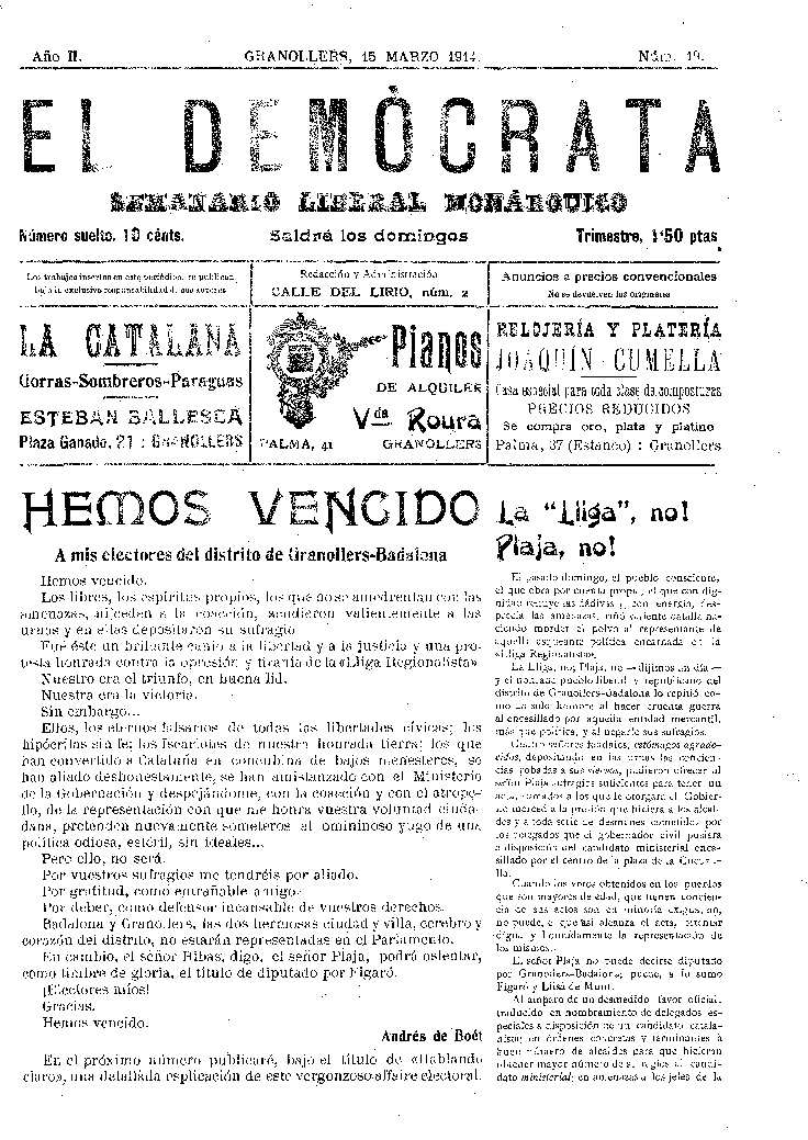 El Demòcrata, 15/3/1914 [Exemplar]