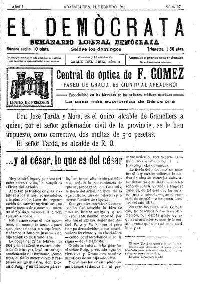 El Demòcrata, 21/2/1915 [Exemplar]