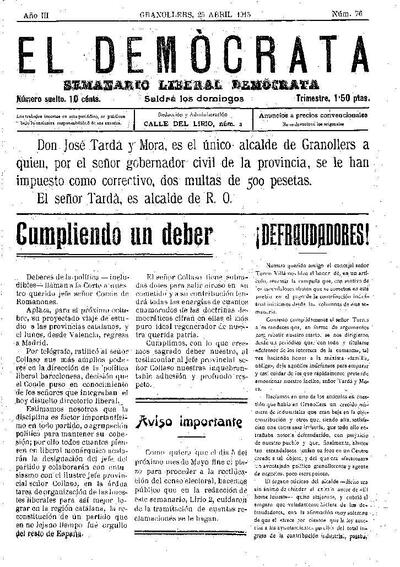 El Demòcrata, 25/4/1915 [Exemplar]