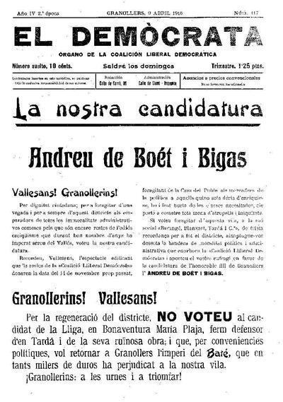 El Demòcrata, 9/4/1916 [Exemplar]