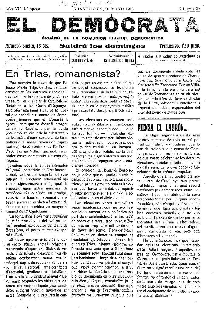 El Demòcrata, 20/5/1923 [Exemplar]