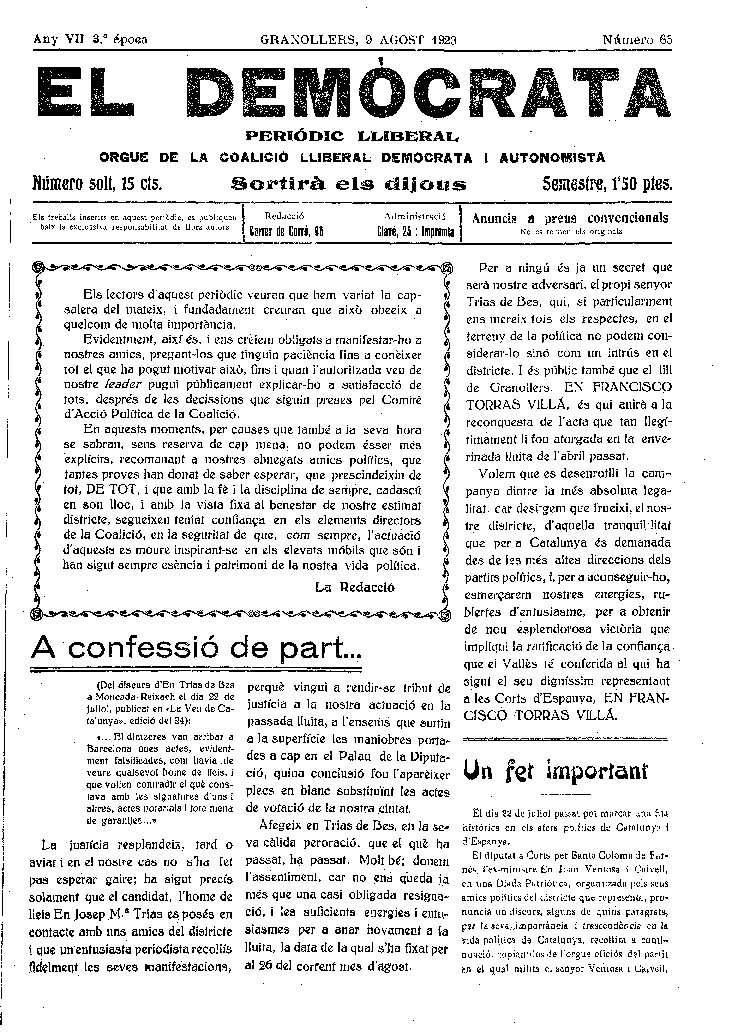 El Demòcrata, 9/8/1923 [Exemplar]