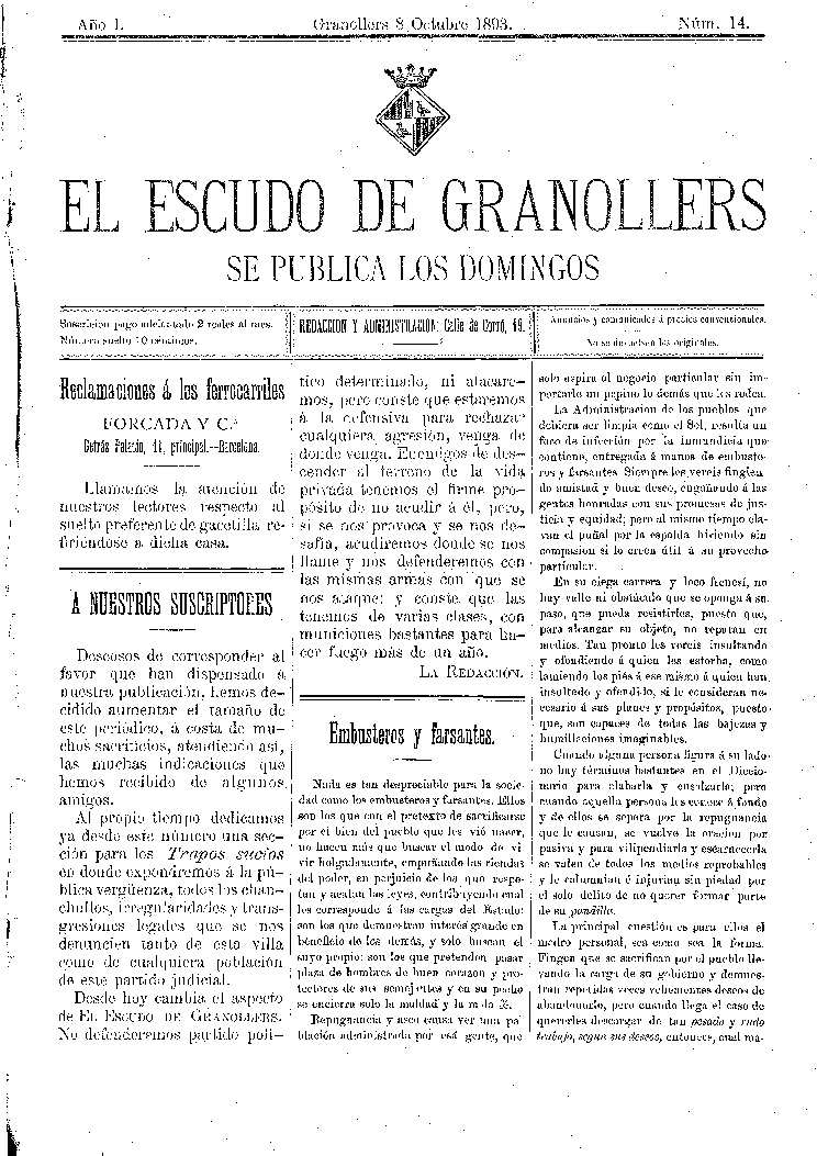El Escudo de Granollers, 8/10/1893 [Ejemplar]