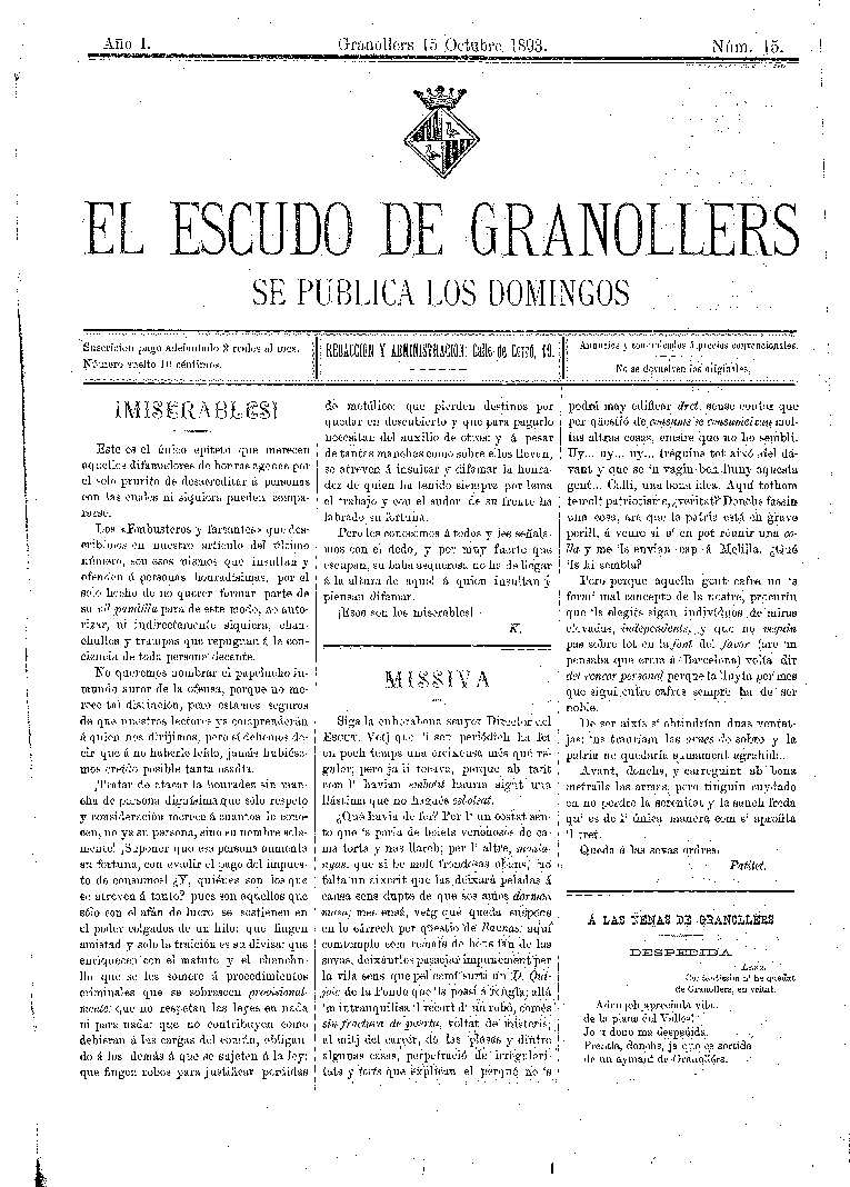 El Escudo de Granollers, 15/10/1893 [Ejemplar]