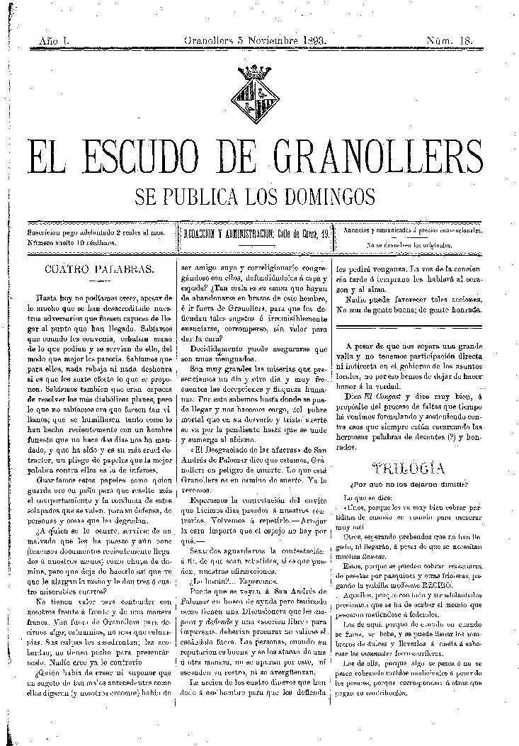 El Escudo de Granollers, 5/11/1893 [Ejemplar]