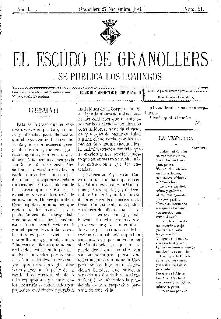 El Escudo de Granollers, 27/11/1893 [Issue]