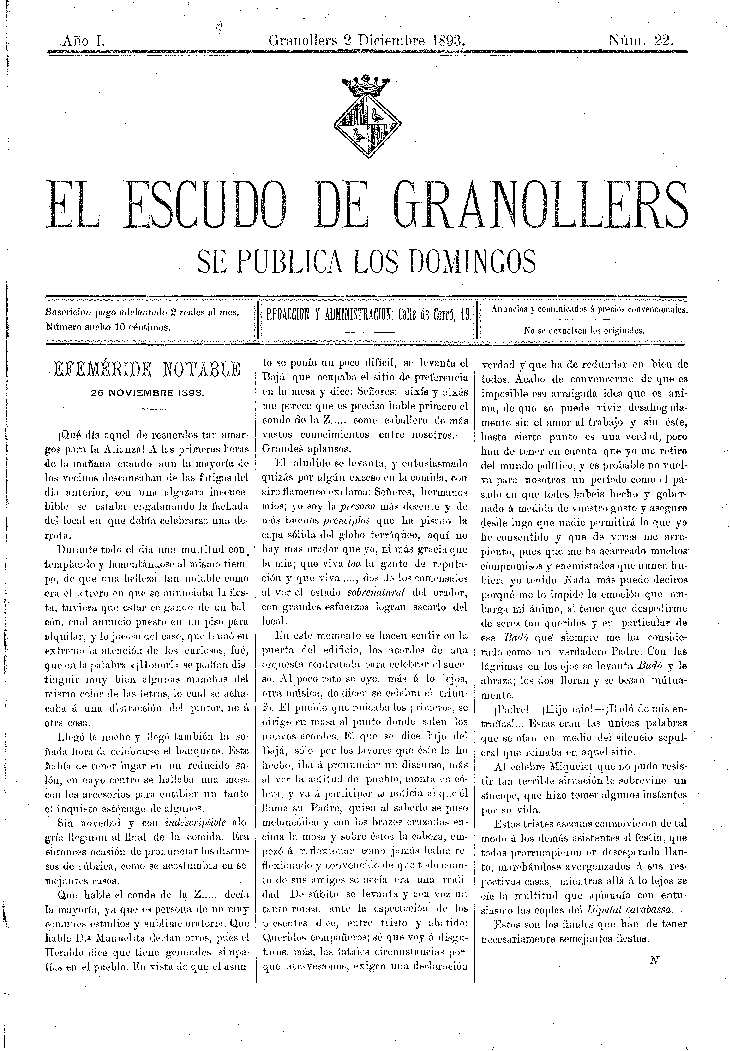 El Escudo de Granollers, 2/12/1893 [Issue]