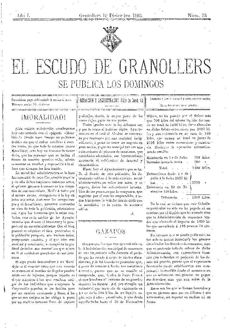 El Escudo de Granollers, 10/12/1893 [Ejemplar]
