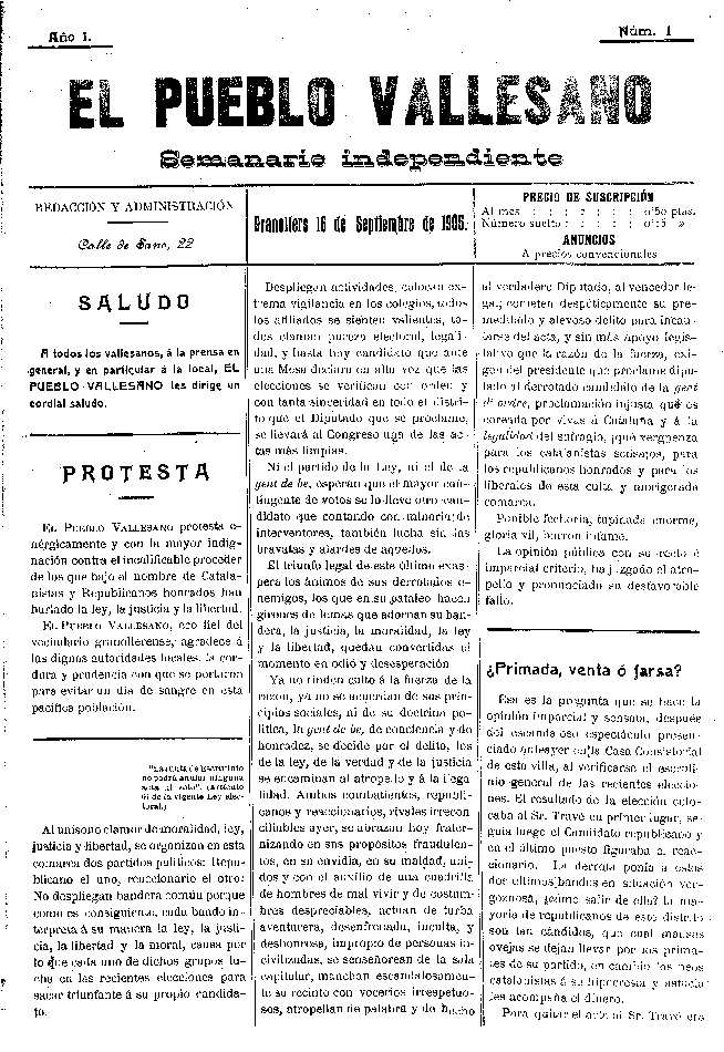 El Pueblo Vallesano, 19/9/1905 [Issue]