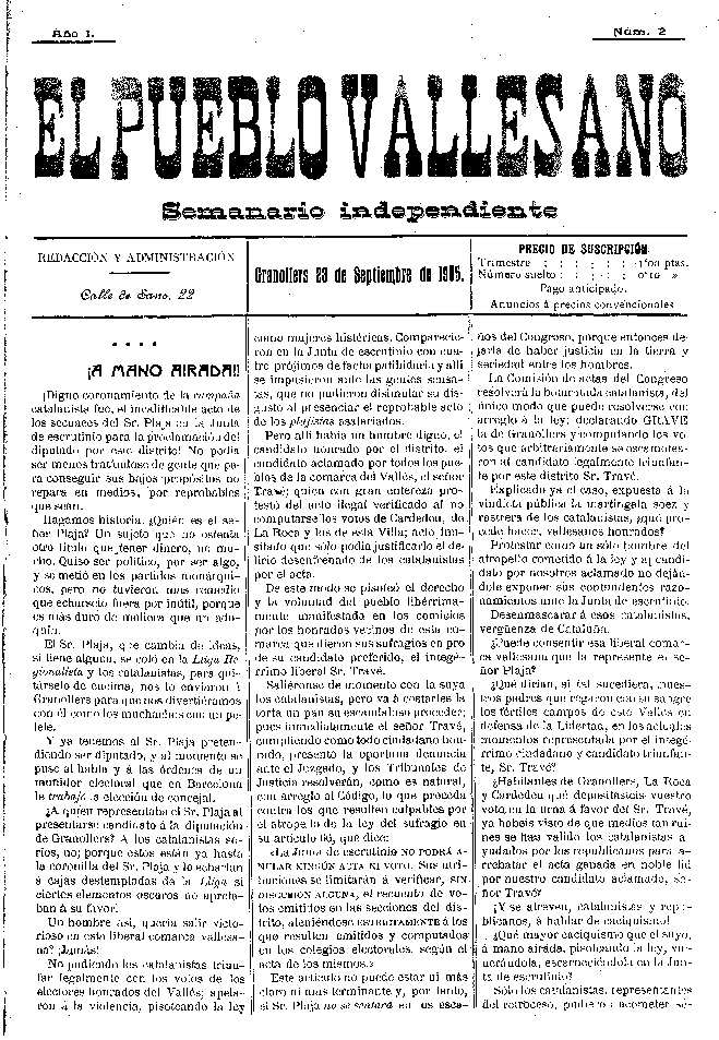 El Pueblo Vallesano, 23/9/1905 [Issue]