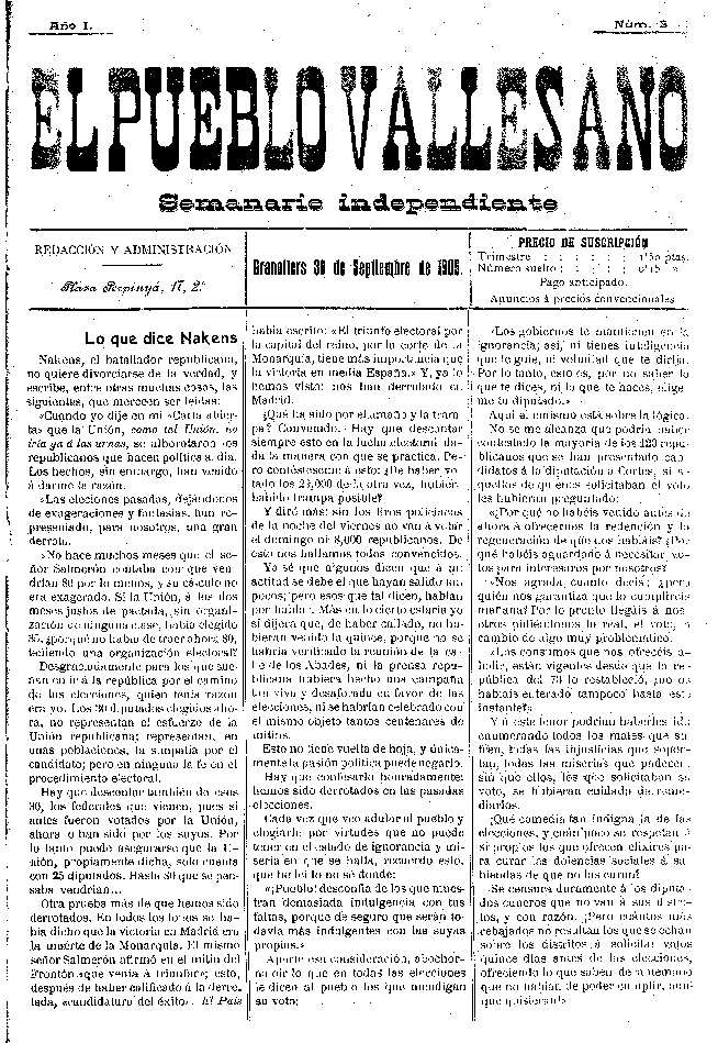 El Pueblo Vallesano, 30/9/1905 [Exemplar]