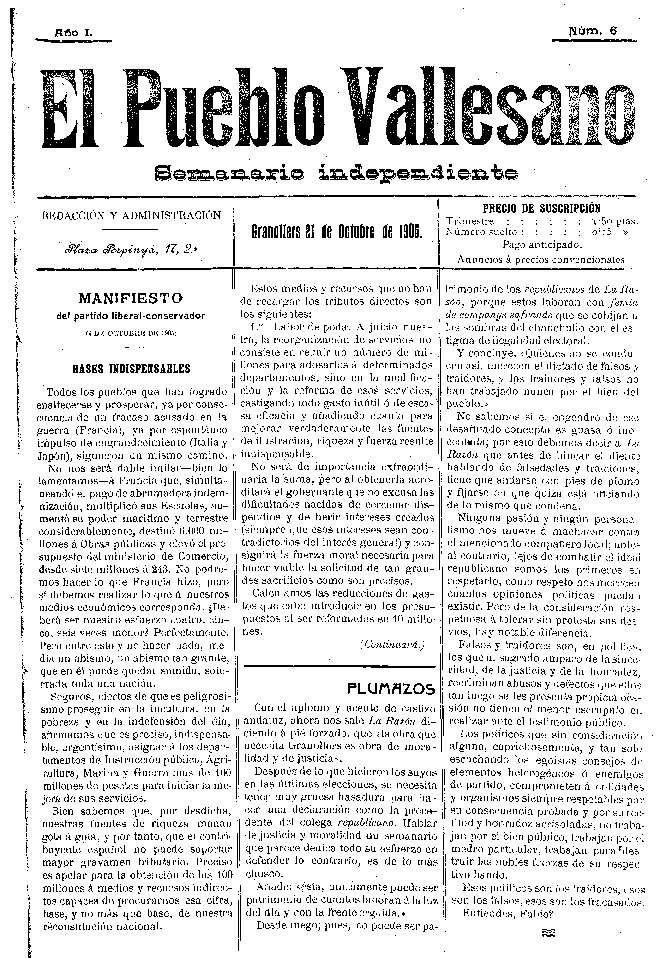 El Pueblo Vallesano, 21/10/1905 [Exemplar]