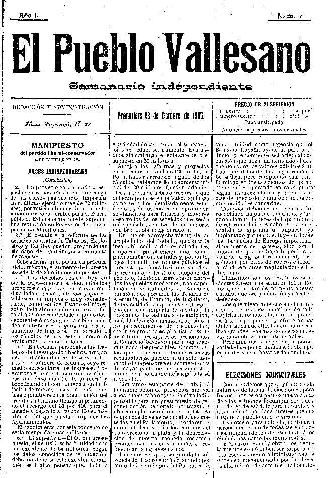 El Pueblo Vallesano, 28/10/1905 [Exemplar]