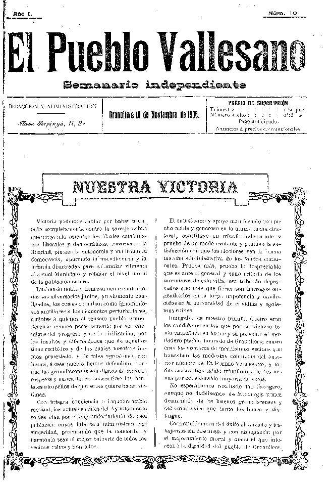 El Pueblo Vallesano, 18/11/1905 [Exemplar]