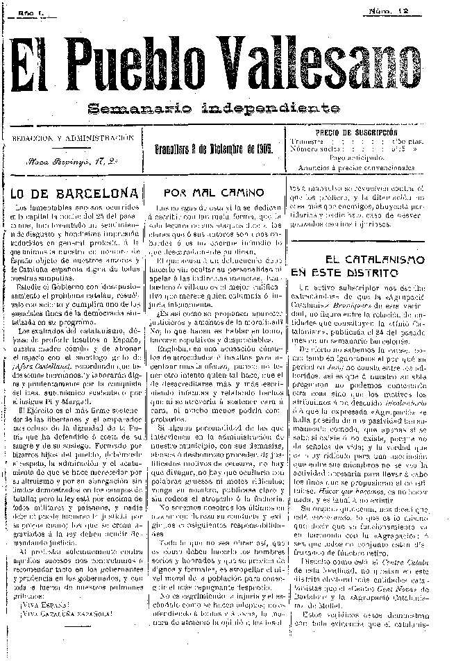 El Pueblo Vallesano, 2/12/1905 [Exemplar]