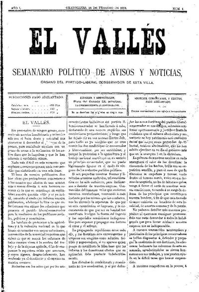 El Vallés. Semanario político de avisos y noticias, 26/2/1888 [Issue]