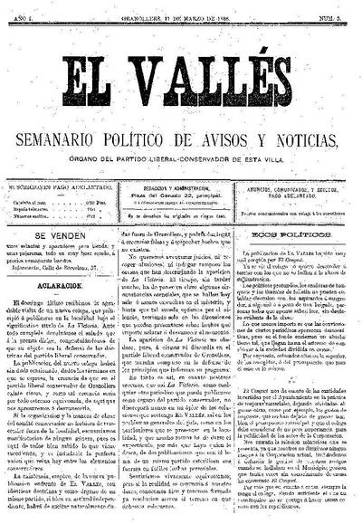 El Vallés. Semanario político de avisos y noticias, 11/3/1888 [Issue]