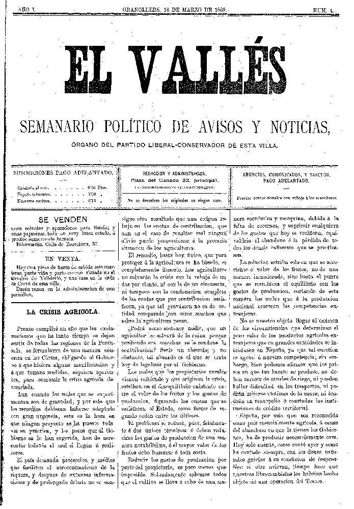 El Vallés. Semanario político de avisos y noticias, 18/3/1888 [Exemplar]